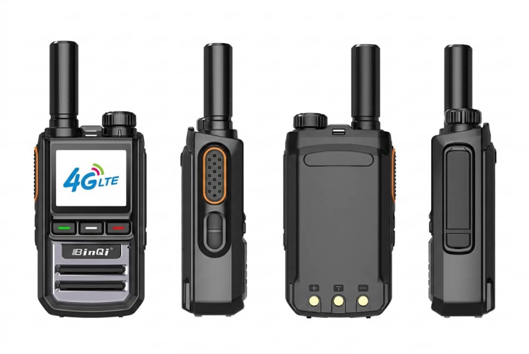 Front and side views of a black walkie-talkie with an antenna, LCD screen displaying '4G LTE,' and buttons.