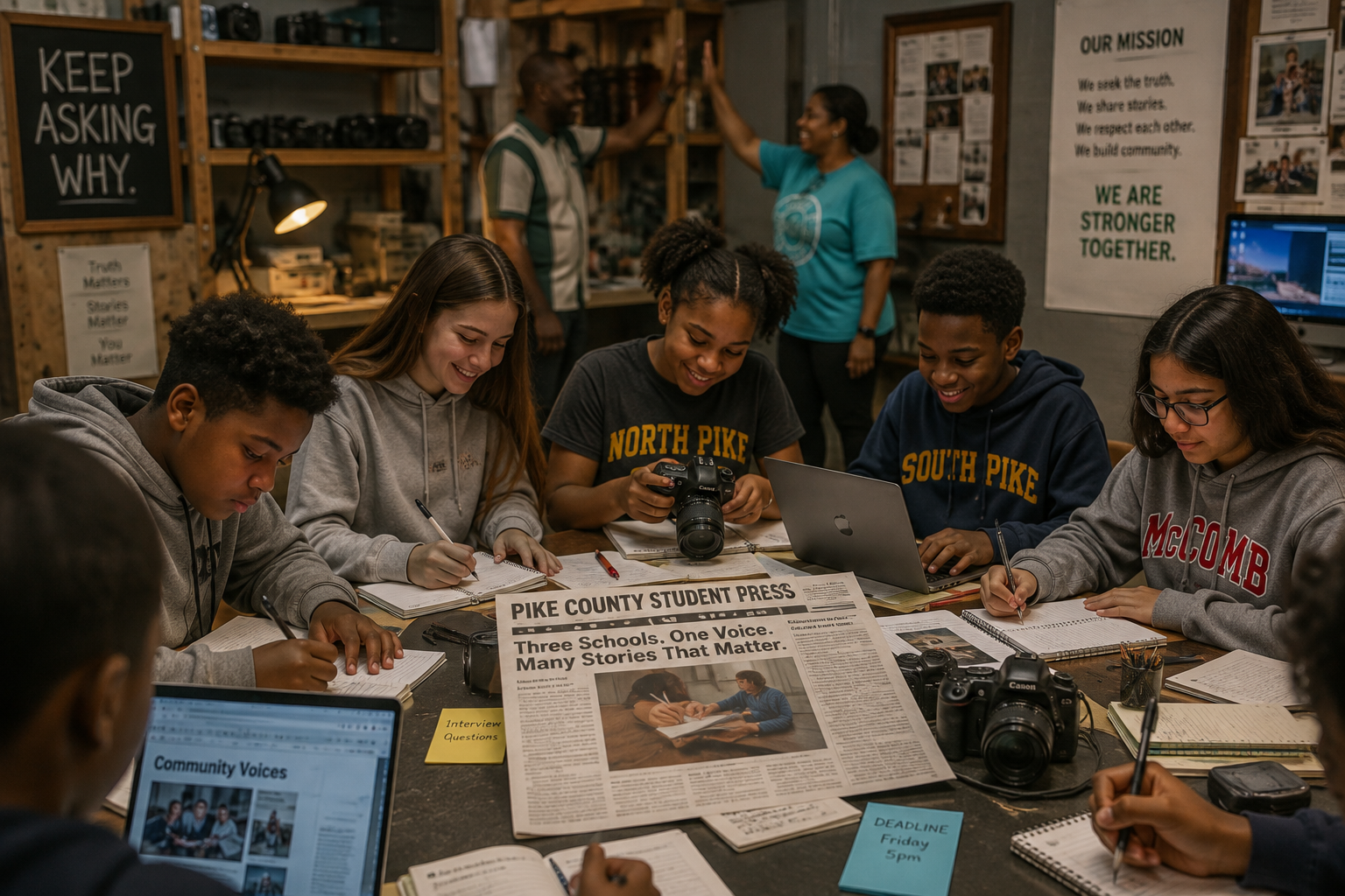 Group of students working on a newspaper project at a table, with cameras, laptops, notebooks, and a newspaper titled 'PIKE COUNTY STUDENT PRESS.' Two adults in the background are talking.