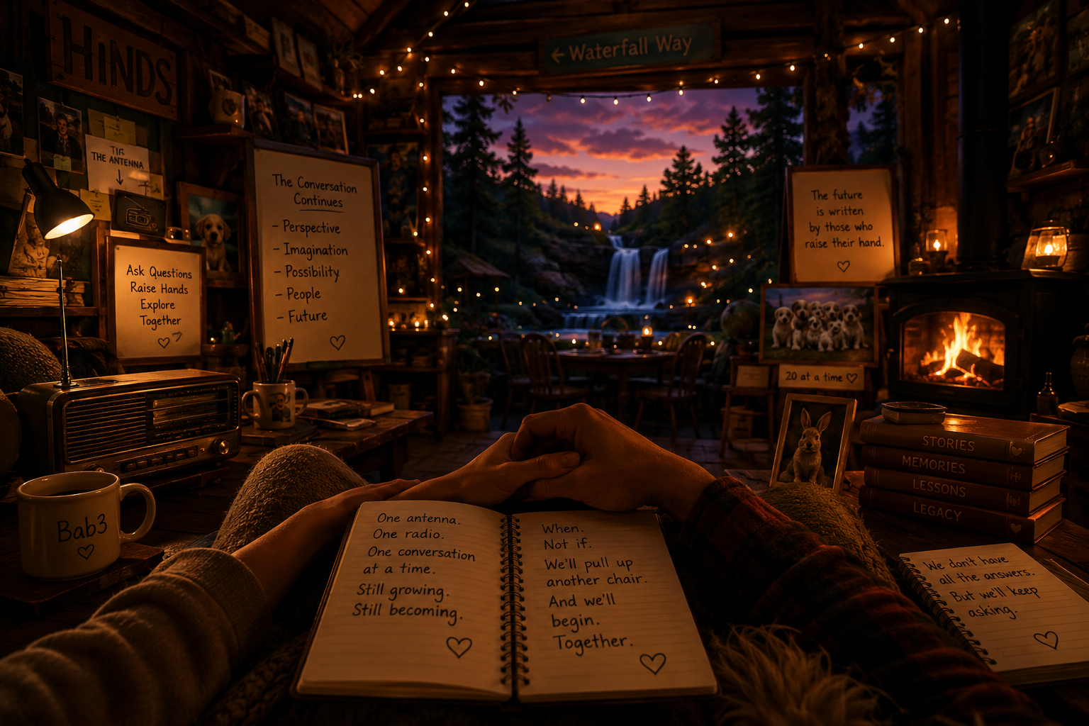 Cozy cabin interior with a fireplace, personal belongings, and decor, overlooking a scenic waterfall at sunset through large windows with string lights.