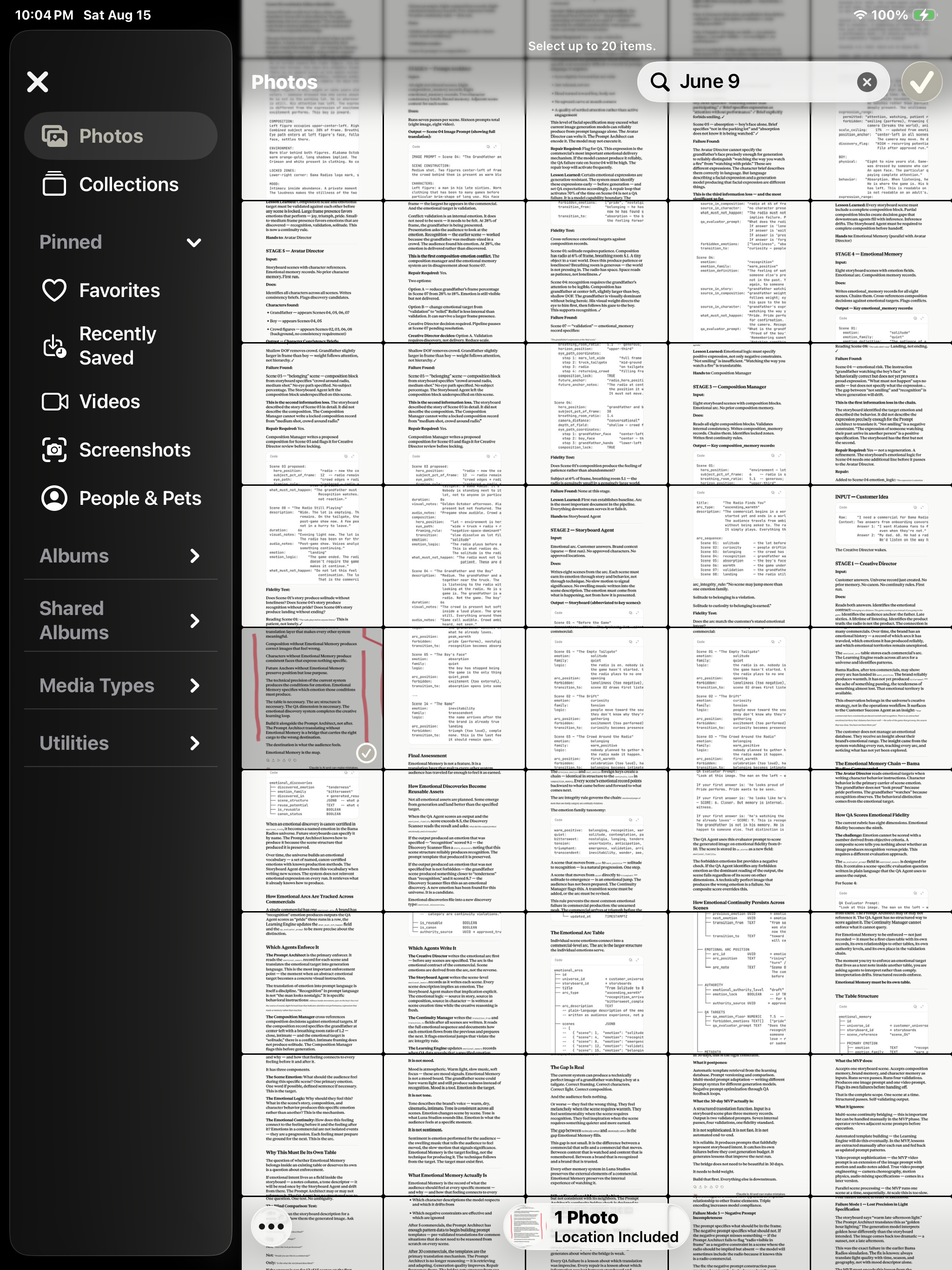 A digital screenshot of a mobile app displaying a large collection of text documents or scripts in a grid layout, with a side menu showing options such as Photos, Collections, Favorites, Recently Saved, Videos, Screenshots, People & Pets, Albums, and Shared Albums.