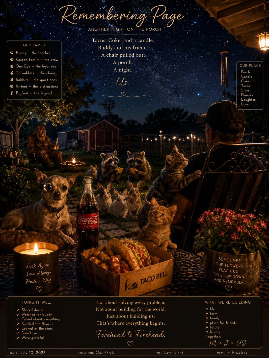 A night scene on a porch with a man sitting in a chair surrounded by animals including cats, rabbits, raccoons, and a dog, under a starry sky. There are string lights, a firepit, a table with Taco Bell food, a Coca-Cola bottle, and a flower pot. The image features poetic text and a remembrance page for loved ones.
