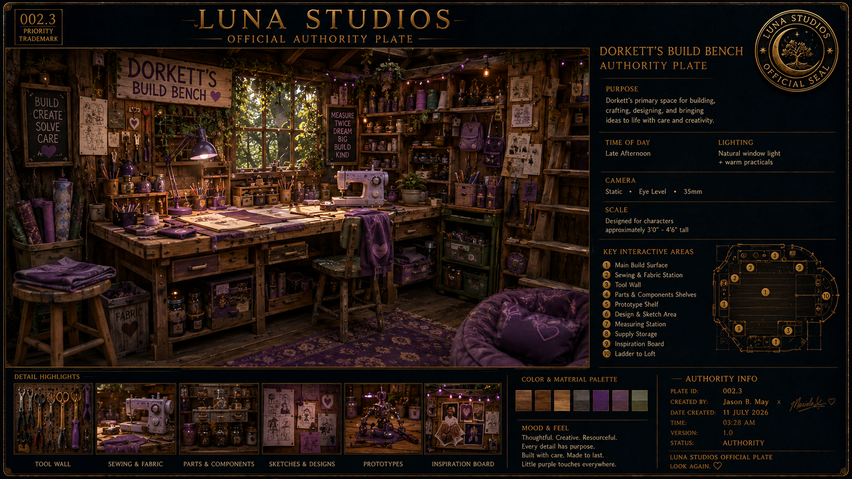 A cozy wooden craft workshop with shelves of supplies, a sewing machine, and inspirational signs, illuminated by natural light from a window.