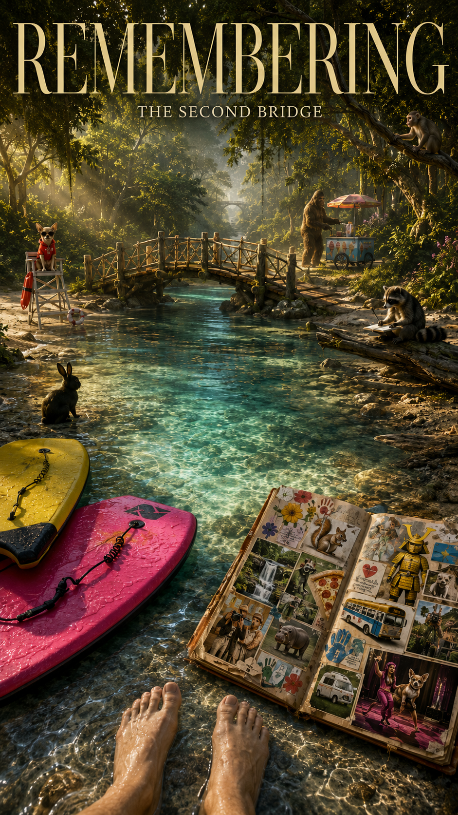 A picturesque outdoor scene featuring a clear, shallow river with two colorful paddleboards in the foreground, a person's feet submerged in water, and an open photo album displaying various images of animals, transportation, and characters. In the background, a whimsical forest with a small bridge, animals, and a vendor cart under sunlight filtering through trees.