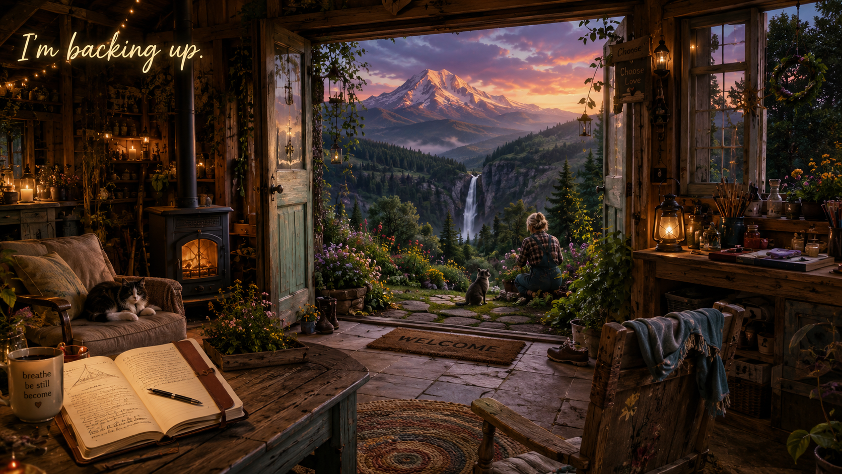 A cozy rustic cabin interior with an open door leading to a mountain view. Inside, a cat rests on the couch, a book and coffee mug on the table, and soft candle and lantern lighting. A person sits outside with a dog, overlooking a waterfall and snow-capped mountain at sunset.