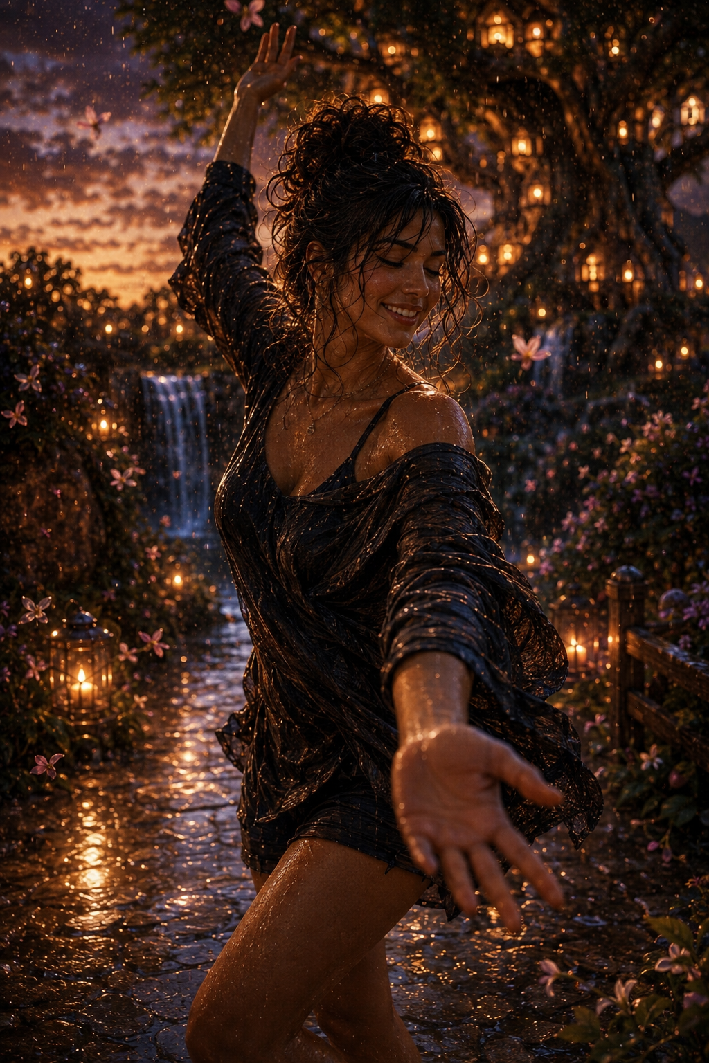 A woman dancing joyfully in a rainy garden filled with pink flowers and glowing lanterns at sunset.