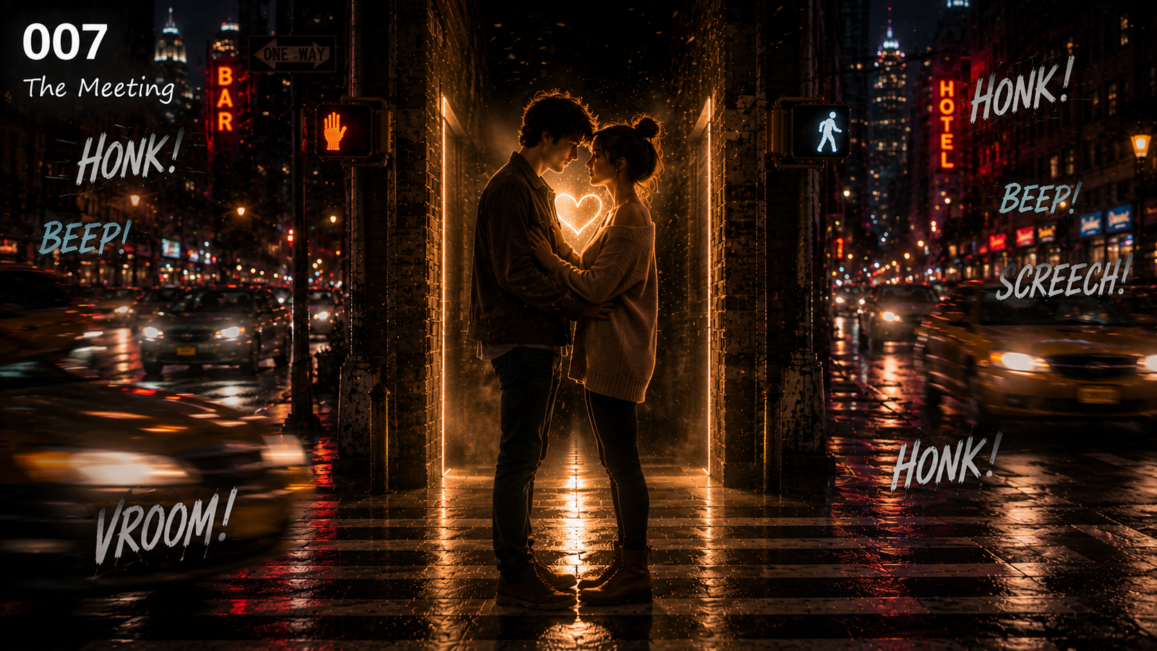 A romantic scene with a young couple standing close together at night on a city street, illuminated by warm golden lights, with a glowing heart between them. The street is wet, reflecting the city lights, and cars are passing by. Surrounding their scene are comic-style sound effects like 'HONK!', 'BEEP!', 'SCREECH!', and 'VROOM!'