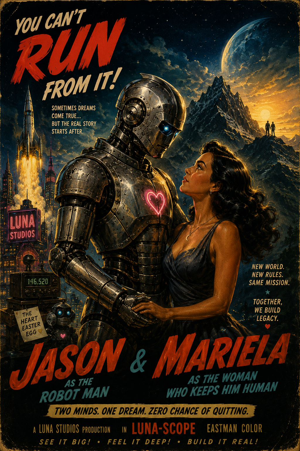 Movie poster featuring a robot and a woman looking at each other against a futuristic cityscape and mountain landscape at sunset. Text includes titles 'Jason & Mariella' and phrases such as 'You can't run from it!' and 'Two minds. One dream. Zero chance of quitting.'