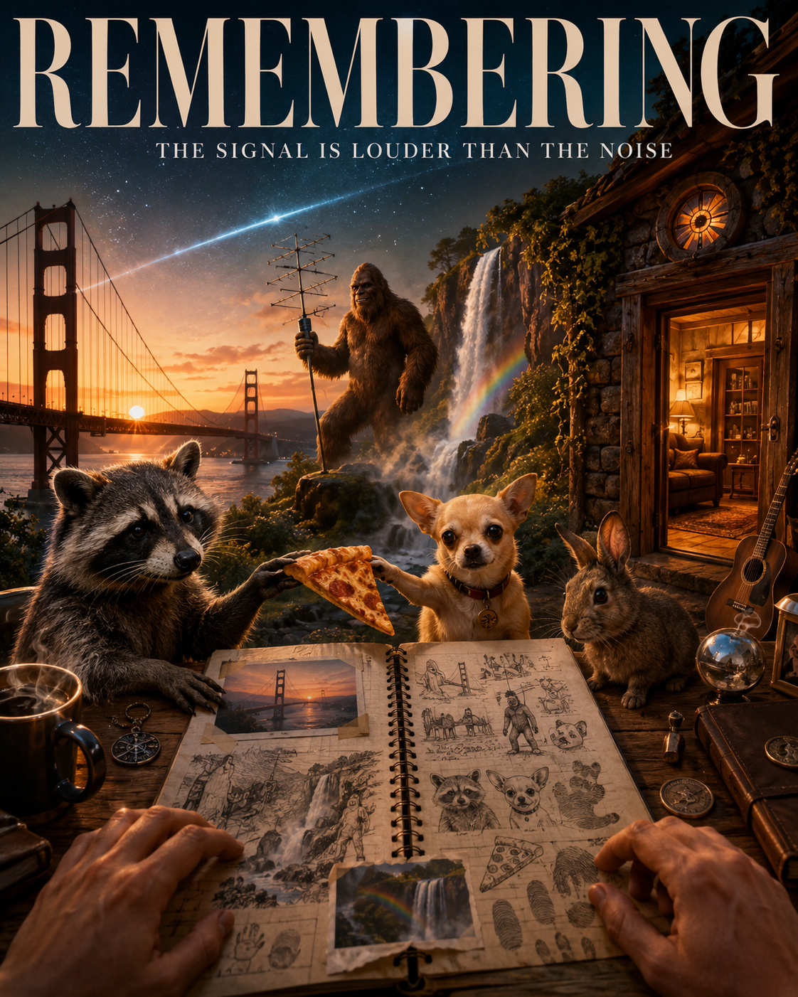 An imaginative scene showcasing animals and a person at a table, with a backdrop of the Golden Gate Bridge, waterfalls, and a starry sky. The setting includes a raccoon with a pizza slice, a Chihuahua, and a rabbit, along with a sketchbook, coins, and a coffee cup. A large Bigfoot figure holds a radio antenna in front of waterfalls, and a cozy interior room is visible through a log cabin door.