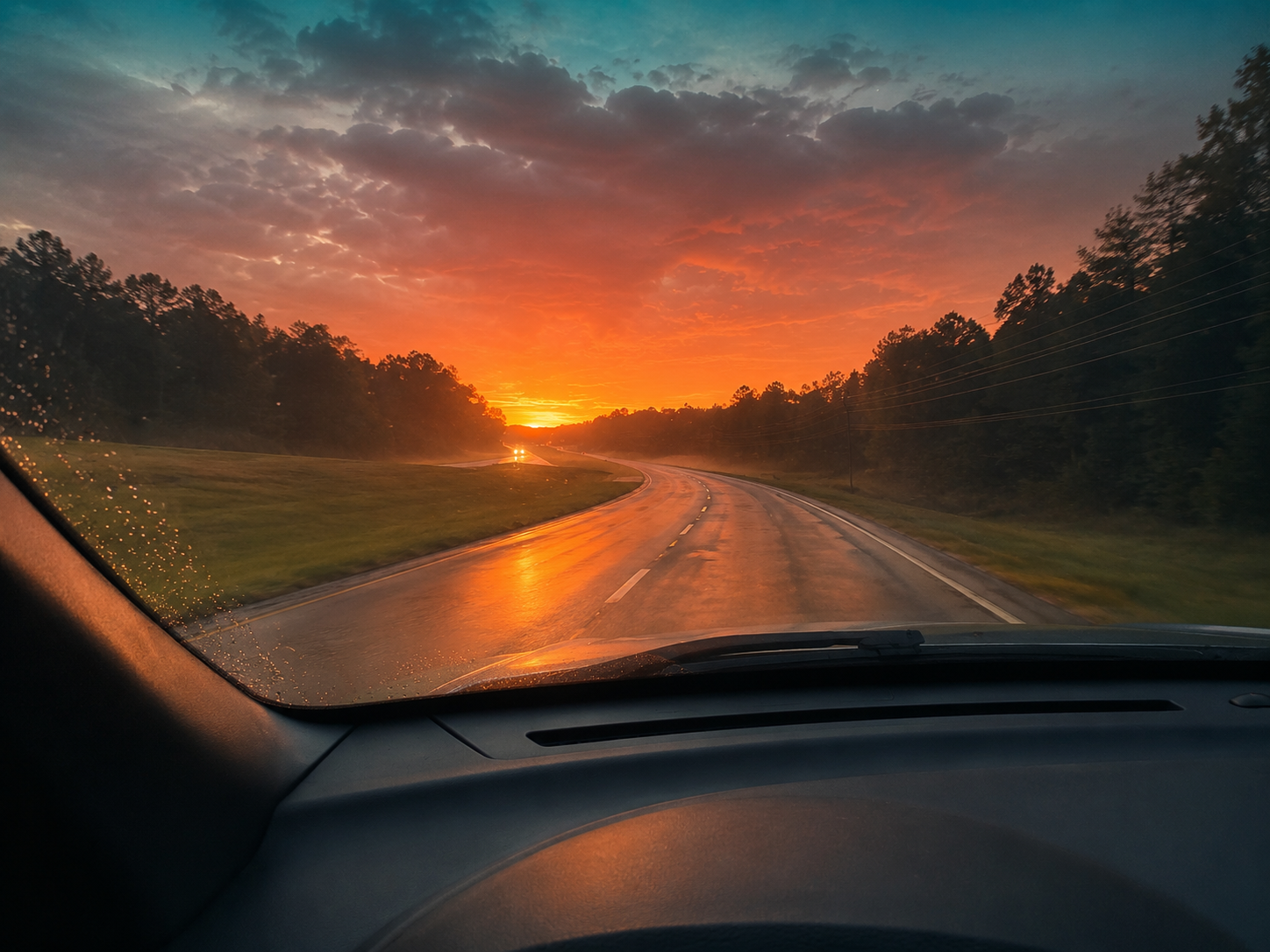 A view from inside a vehicle looking out at a curving road during sunset with clouds, trees on either side, and the road reflecting the vibrant orange and yellow sky.