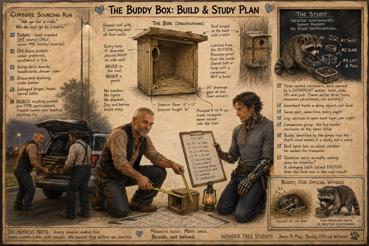 Illustration of build and study plan for a raccoon nested container called 'Buddy Box'. The image includes detailed specifications and features of the box, a cut list, and a diagram of the raccoon inside the box. There are two people working with measurements and tools, a car with supplies, a diagram of the raccoon house, and a cartoon of a raccoon sleeping and a raccoon with a nest. Text highlights instructions, construction details, and humorous notes about the project.