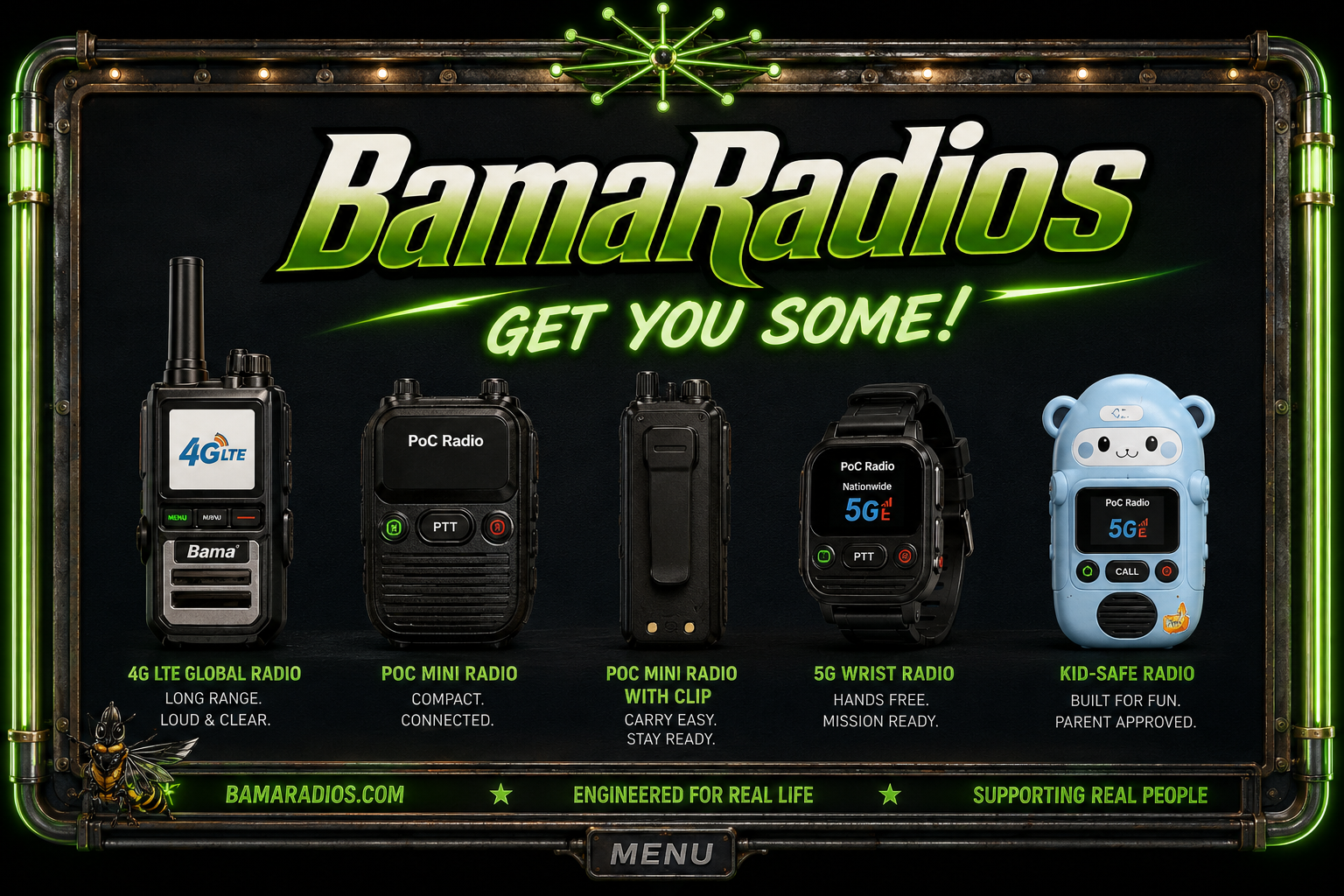 Display of five radios with various features related to cell connectivity, including 4G LTE, POC mini, POC mini with clip, 5G wrist, and kid-safe radio, along with their descriptions and branding.