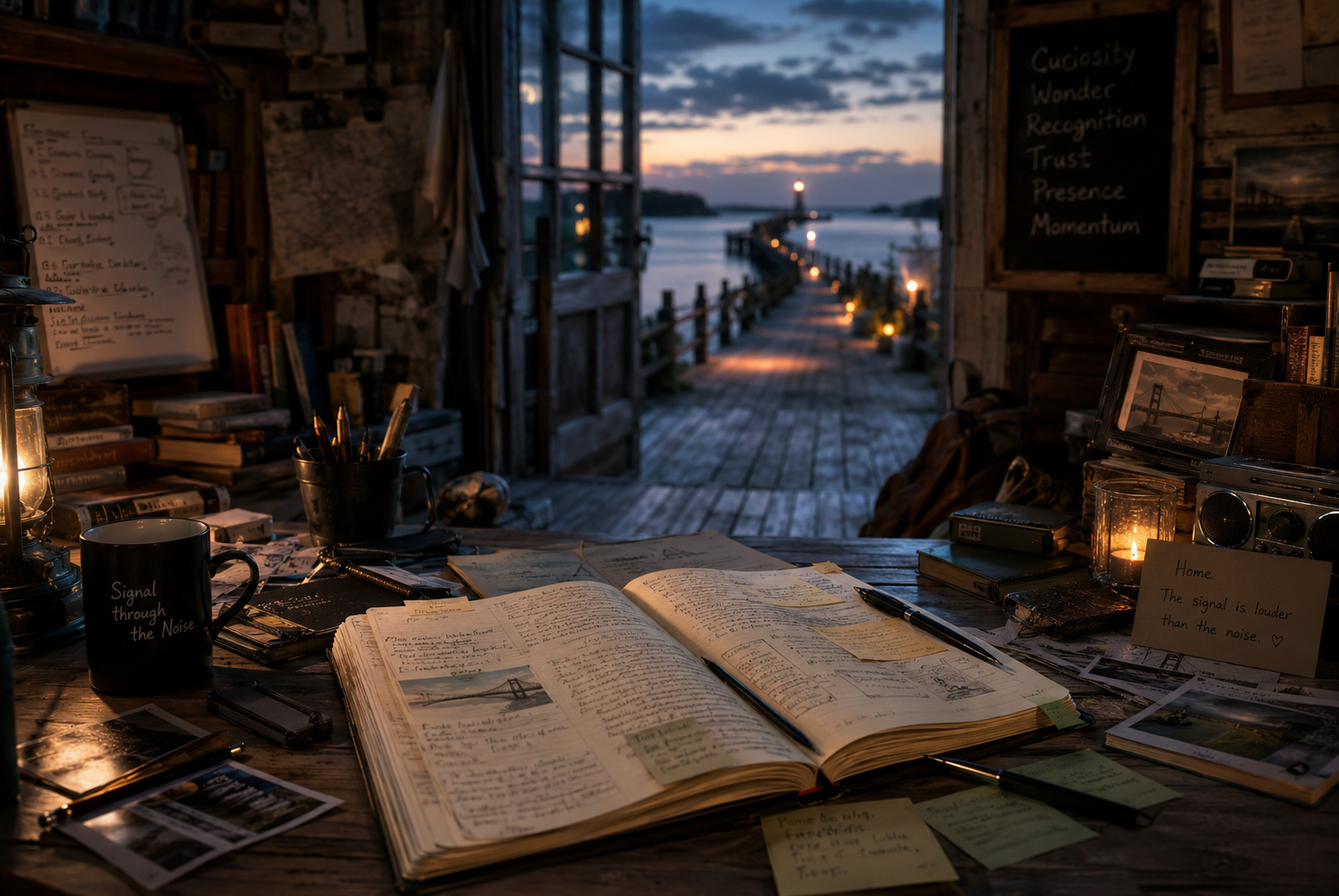 A cozy workspace with an open journal, notes, photographs, and a lit candle on a wooden desk, overlooking a dock and water at sunset.