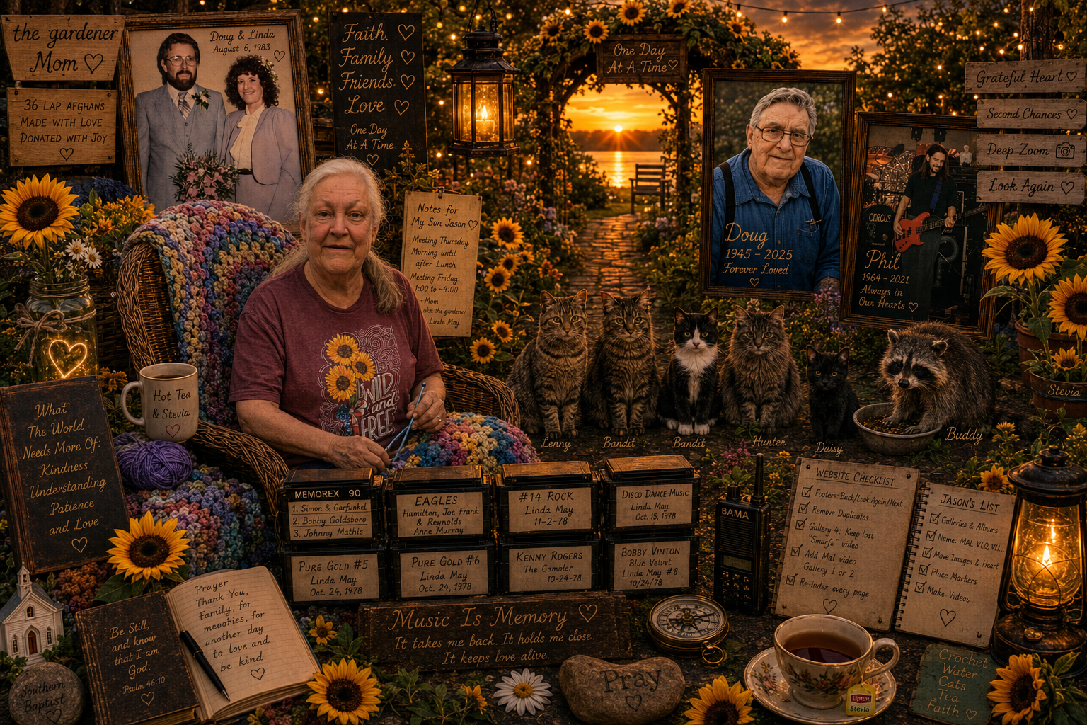 A memorial altar decorated with sunflowers, photographs, and personal mementos for the deceased Doug, Phil, and Linda. The altar features framed photos, a sunset in the background, candles, cats, a trophy, a crochet blanket, a prayer book, a cup of tea, and various notes and plaques, including a rock with a prayer inscribed on it, and a list of memories and music.