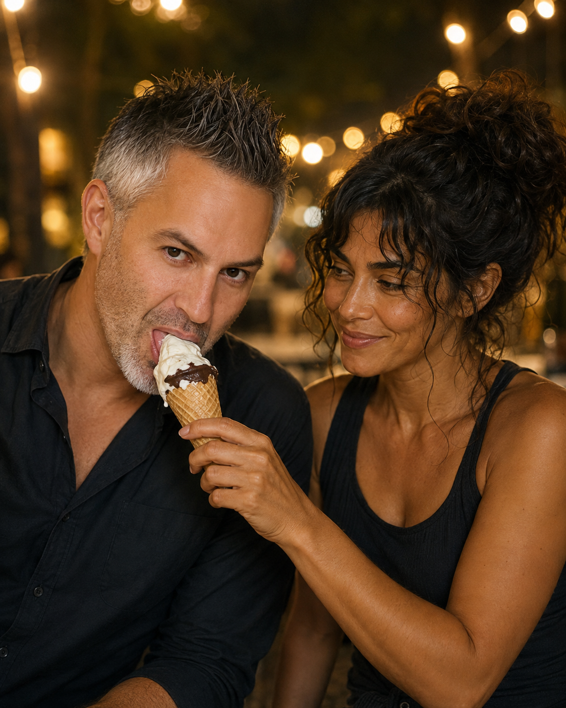 A man with gray hair and a woman with curly dark hair sharing ice cream at night with string lights in the background.