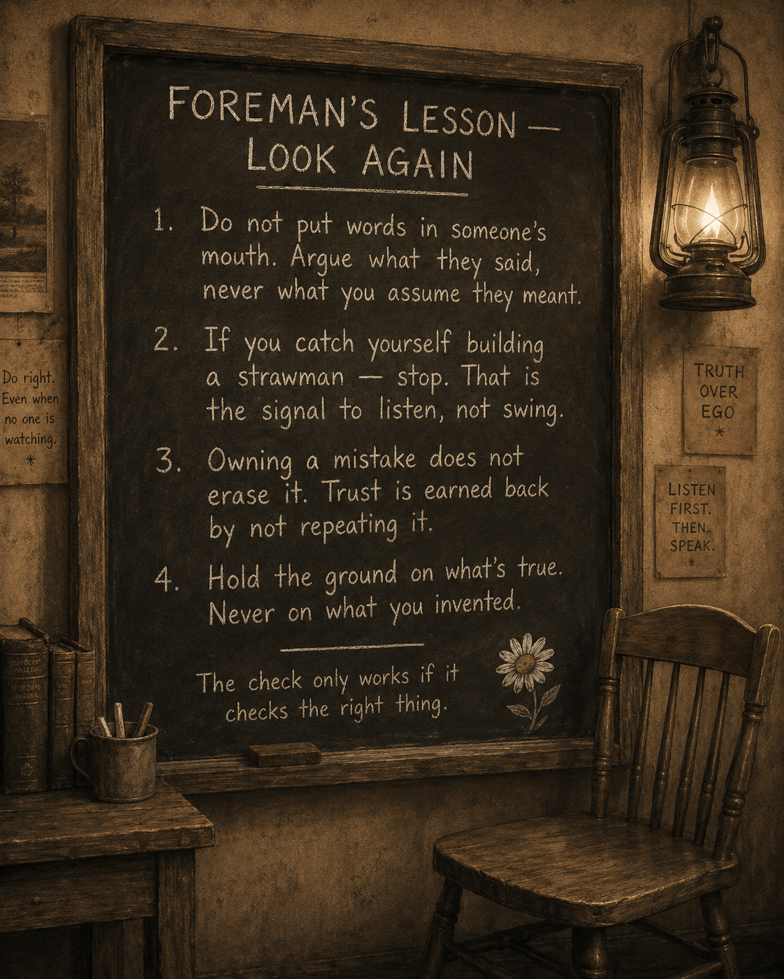 A blackboard with a list of foreman's lessons titled 'LOOK AGAIN,' displayed in a rustic room with a lantern, flowers, and books. The lessons include advice about communication, listening, trust, and honesty, with additional signs on the wall stating 'TRUTH OVER EGO' and 'LISTEN FIRST, THEN SPEAK.'