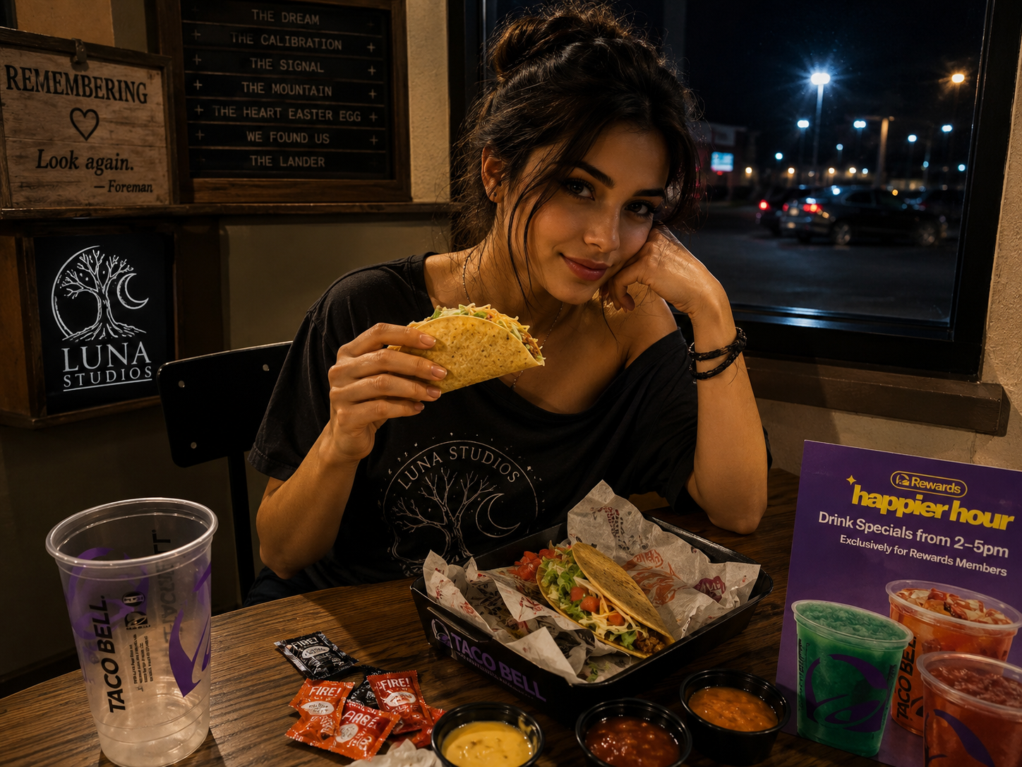 A young woman with dark hair, wearing a black T-shirt, sitting at a Taco Bell restaurant table at night, holding a taco in her right hand and resting her head on her left hand. There is a tray with a taco, three small cups of sauce, and some Taco Bell packaging, including a drink cup, on the table.