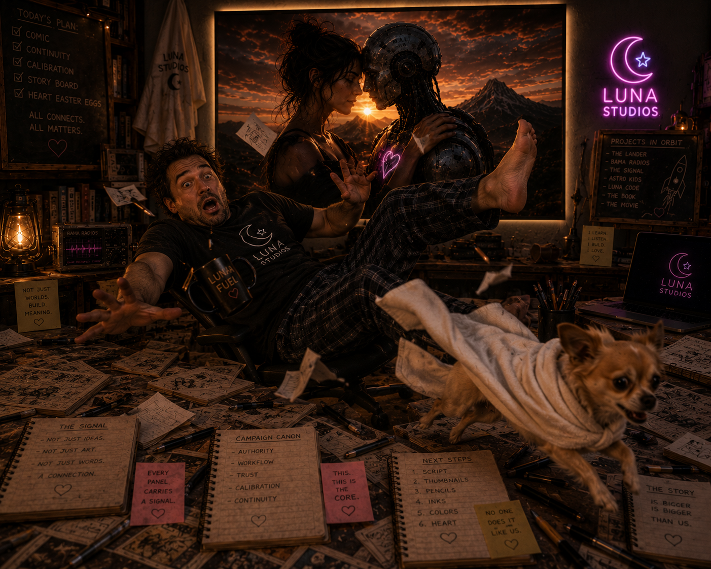 A cluttered and dimly lit room filled with papers, drawing notebooks, and art supplies. A man wearing a 'Luna Studios' T-shirt and a mug that reads 'Luna Fuel' is making a funny face while sitting on a chair, reaching out with one hand. A woman with messy hair, wearing dark clothing, is touching a robotic humanoid figure with her forehead, both gazing at each other as the sunset scenes glow on the large screen behind them. A small dog with a cozy blanket is leaping across the room. Neon signs, including the Luna Studios logo, are illuminated on the wall, and handwritten notes and project lists decorate the space.