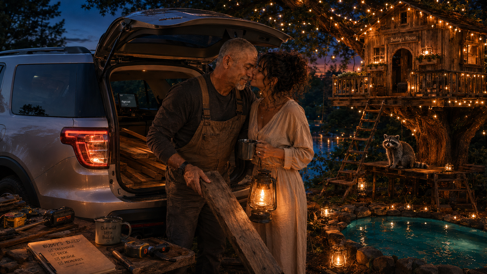 An elderly man and woman share a kiss in a backyard at dusk near a treehouse lit with string lights, with a raccoon on a platform, and a small pool, surrounded by lanterns and outdoor tools.