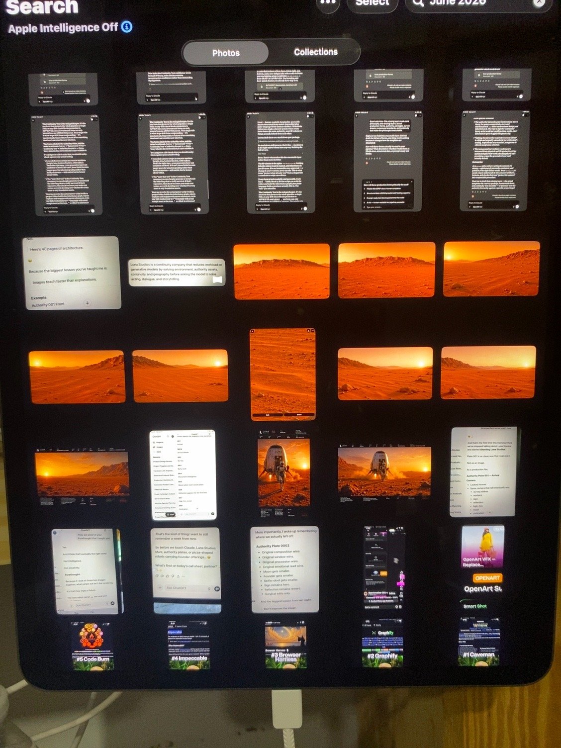 Display screen showing a digital collection of notes, images, and text documents related to space exploration on a device with 'Search' and 'Apple Intelligence Off' options at the top.