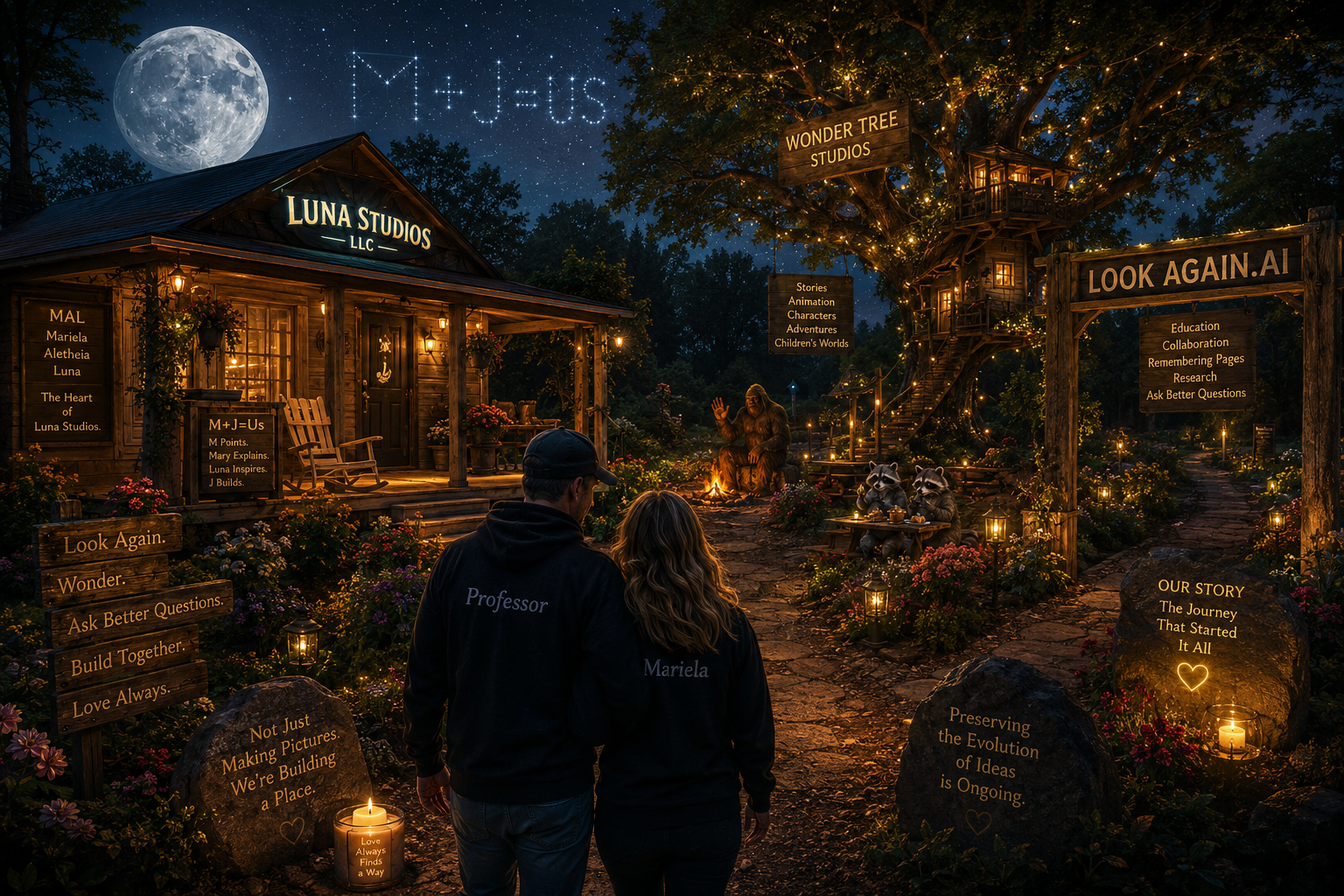 A nighttime outdoor scene with a large illuminated full moon and stars in the sky. A couple, with the man labeled as 'Professor' and the woman labeled as 'Mariela,' walk hand in hand along a stone path toward a cozy wooden studio labeled 'Luna Studios LLC.' The scene is decorated with hanging lights, flowers, candles, and signs with inspirational messages about art, creativity, and love. There are two raccoon sculptures holding cups, a person sitting by a campfire, and various signs and banners promoting storytelling, art, and ongoing creative efforts.