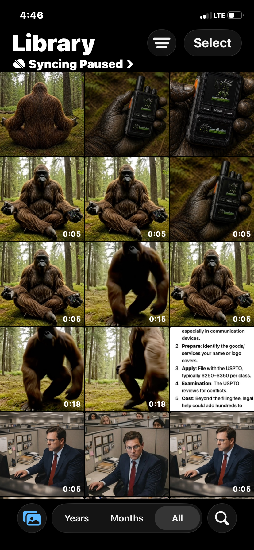 A collage of images showing a bear in the forest, a handheld radio device, a seated gorilla with a remote control, a zoomed-in gorilla moving towards the camera, and a man working at an office cubicle.