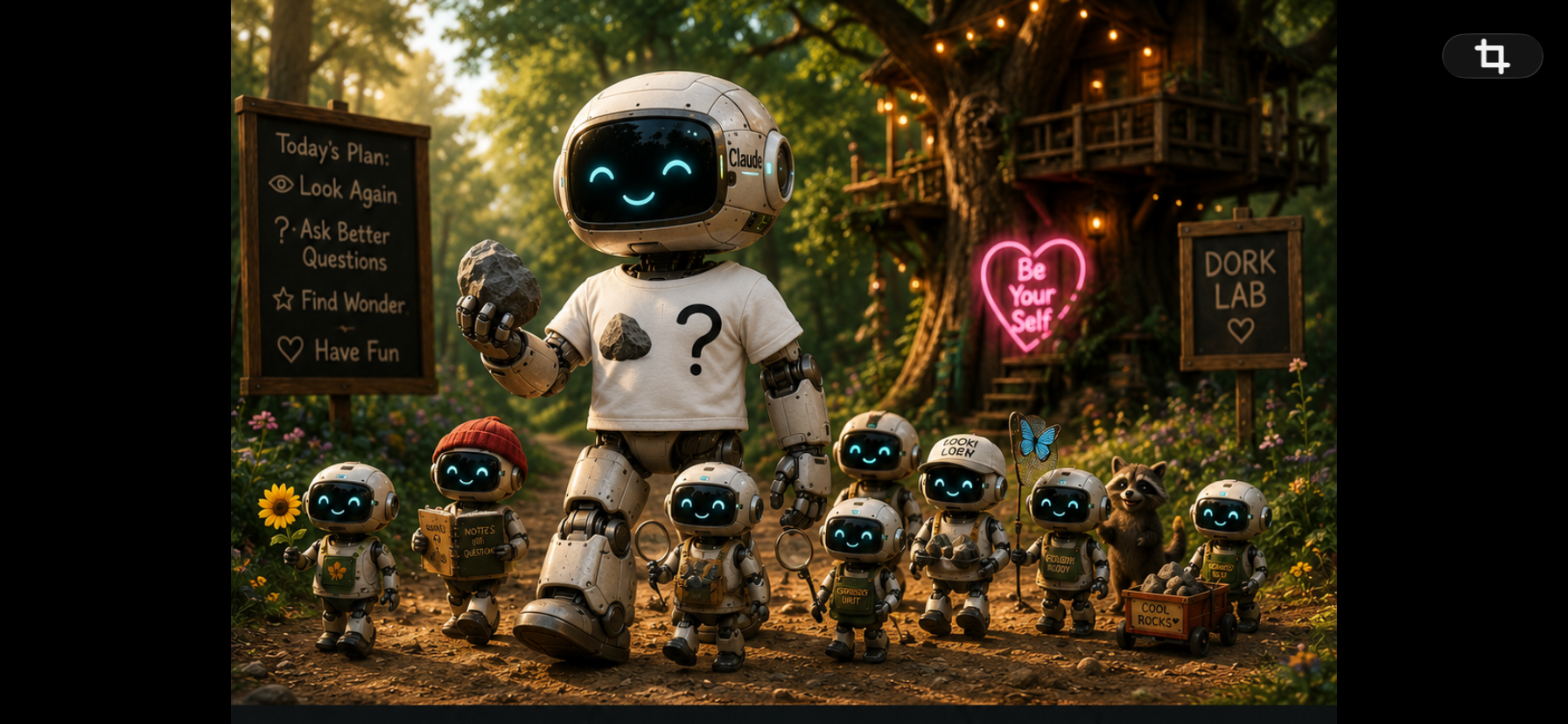 Group of digital robots outdoors in a forest setting, with a robot leader holding a rock, surrounded by smaller robots with various accessories, near signs with playful messages, a treehouse, and vibrant flowers.