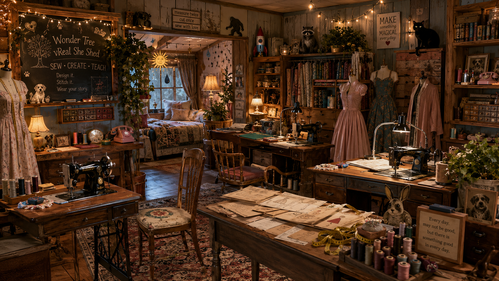 Cozy sewing and crafting room with vintage decor, mannequins in dresses, sewing machines, bookshelves, and soft lighting.