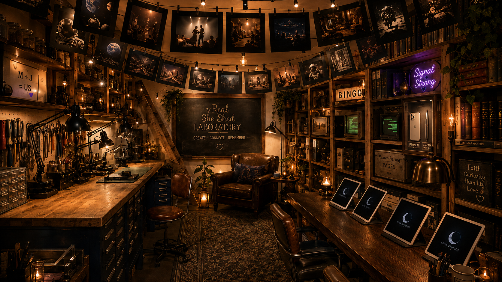 A cozy, warmly lit room with shelves filled with books and decorative items, a blackboard with the words 'Real She Shed Laboratory' and the phrase 'Create Connect Remember,' a blackboard for bingo, a neon sign that says 'Signal Strong,' and a row of iPads on a wooden table. The room features photographs hanging from a string, plants, lamps, and various vintage and modern decor.