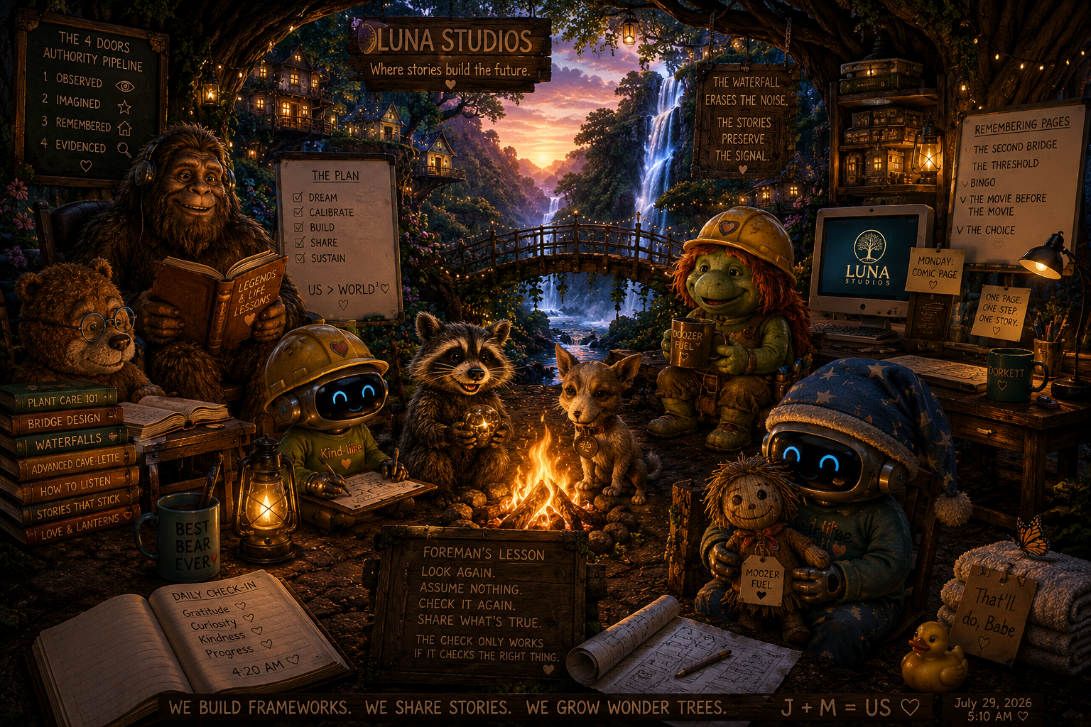 A cozy, magical forest scene of animated characters and robots sitting around a campfire inside a tree, with books, signs, and a computer, creating a story-building environment at sunset.