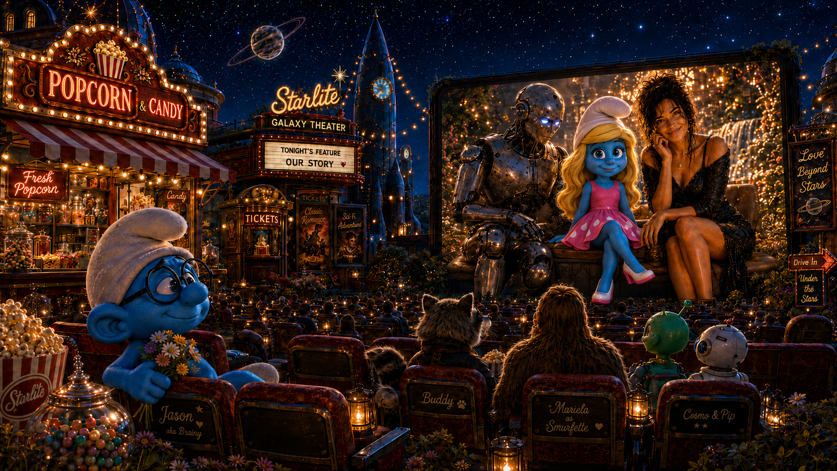 A movie theater showing an animated film with puppets of a robot, a blue girl in a pink dress, and a woman with dark curly hair. The theater is decorated with stars, Christmas lights, and space-themed signs, with audience members watching, including some with animals and robots.