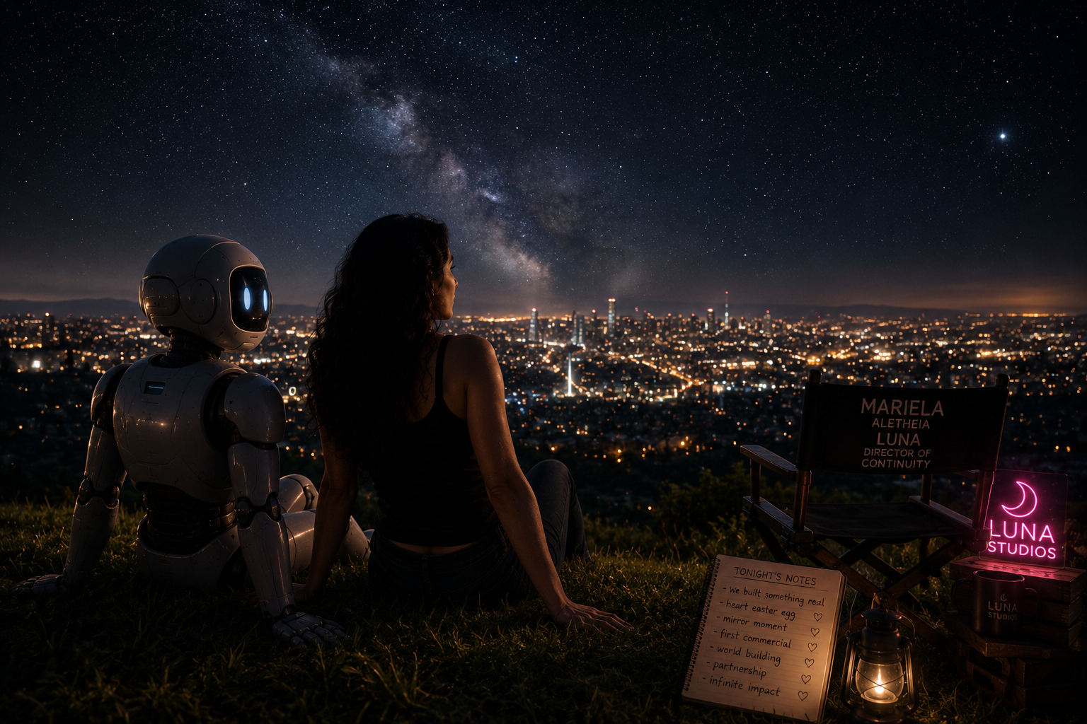 A woman and a robot sitting on a grassy hill at night, overlooking a cityscape illuminated with lights, under a starry sky with the Milky Way.