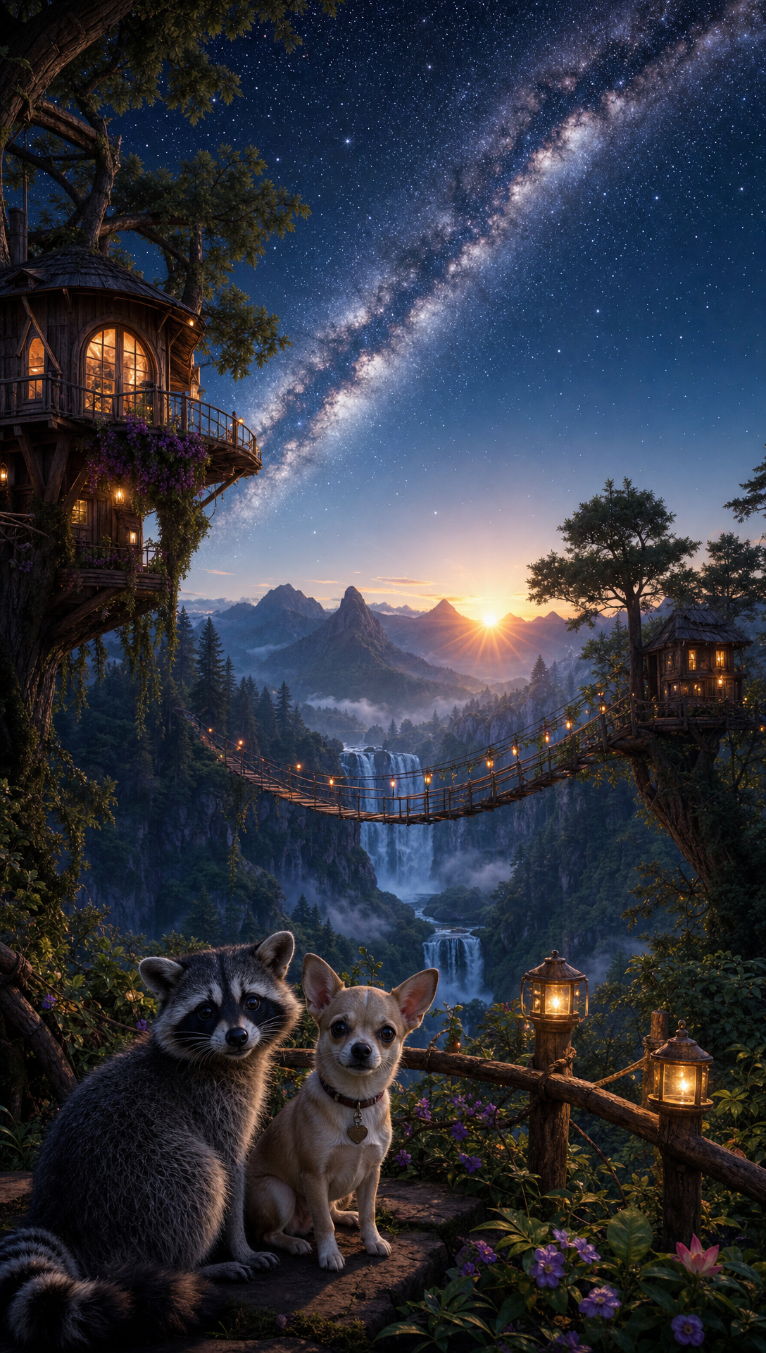 A scenic mountain landscape at sunrise with a suspension bridge, treehouse, waterfalls, and stars in the night sky, with two dogs in the foreground.