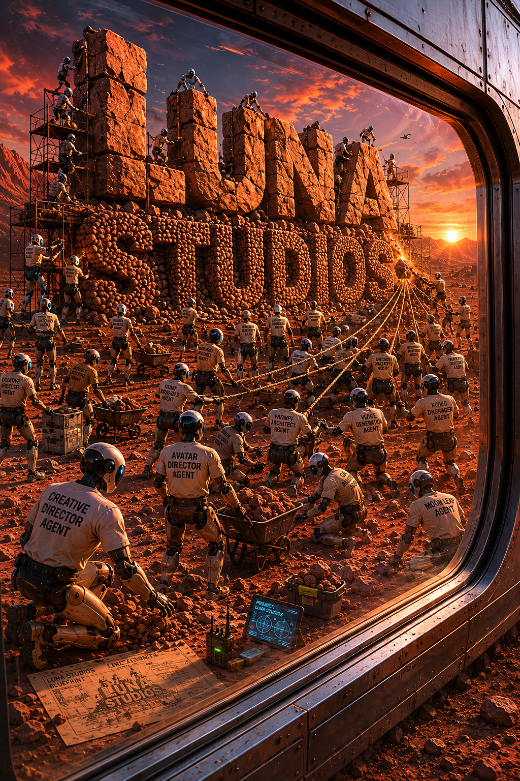 Robotics team building a large sign that reads "LUNA STUDIOS" on a red desert landscape with a sunset sky, viewed through a window.