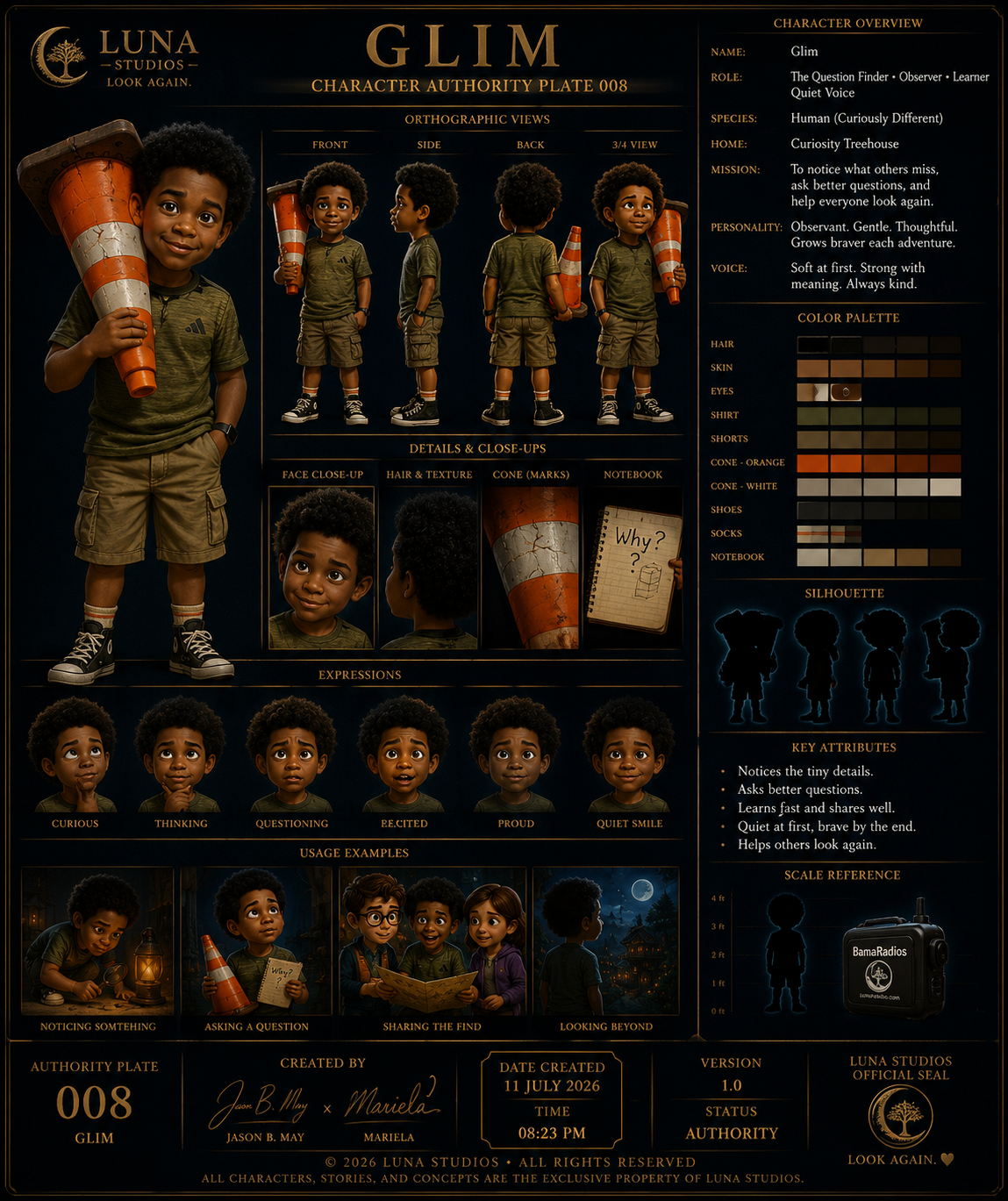 Character profile of a young boy named Glim from Luna Studios, displaying multiple views, close-ups, and expressions. The profile includes details about his role as a question finder, observer, learner, and his personality traits like gentleness, thoughtfulness, and bravery. The profile features his appearance, color palette, and usage examples like noticing, asking questions, sharing findings, and looking beyond. It also shows his silhouette, key attributes, and scale reference, with creator information, creation date, time, version, and Luna Studios' official seal.