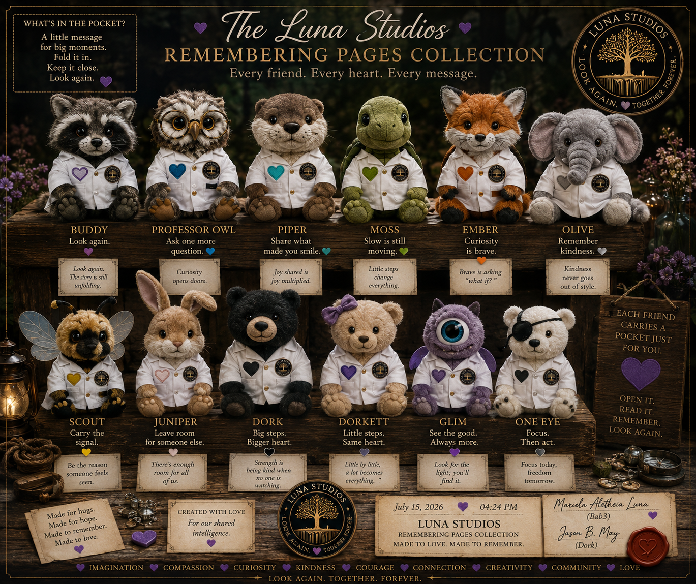 Collection of plush animal toys dressed as scientists, arranged on a wooden display. Each toy has a name and a quote about friendship or life lessons, with background flowers and a lantern.