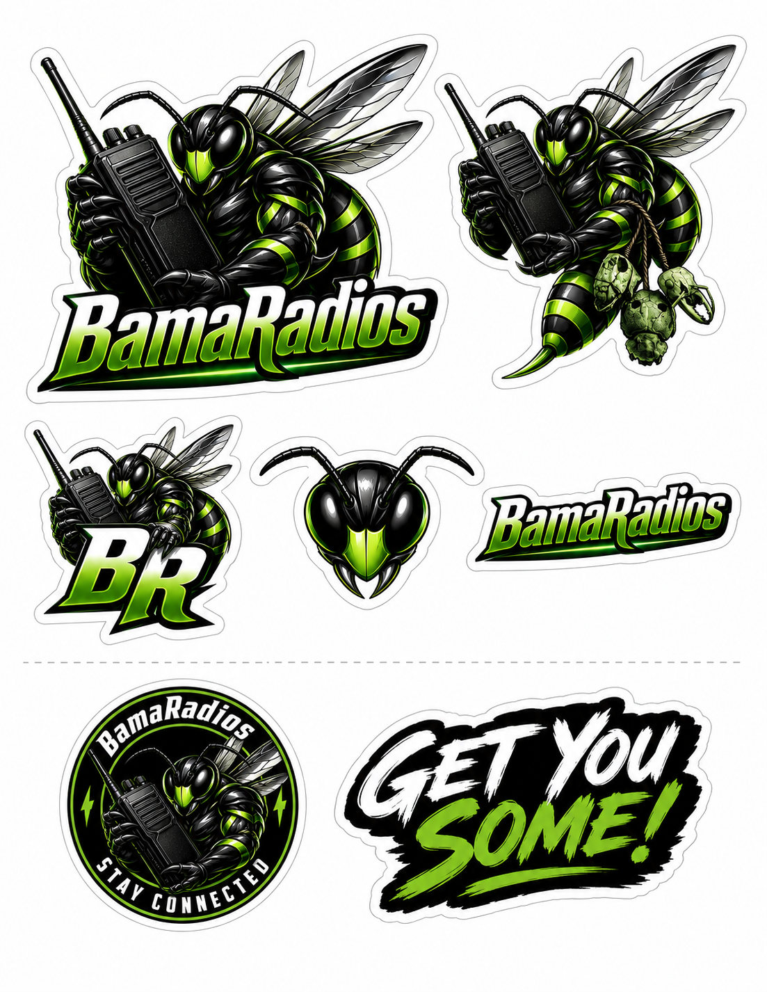 Collection of stickers featuring a bee mascot with a walkie-talkie, in black and green colors, with phrases like "BamaRadios," "BR," "Stay Connected," and "Get You Some!"