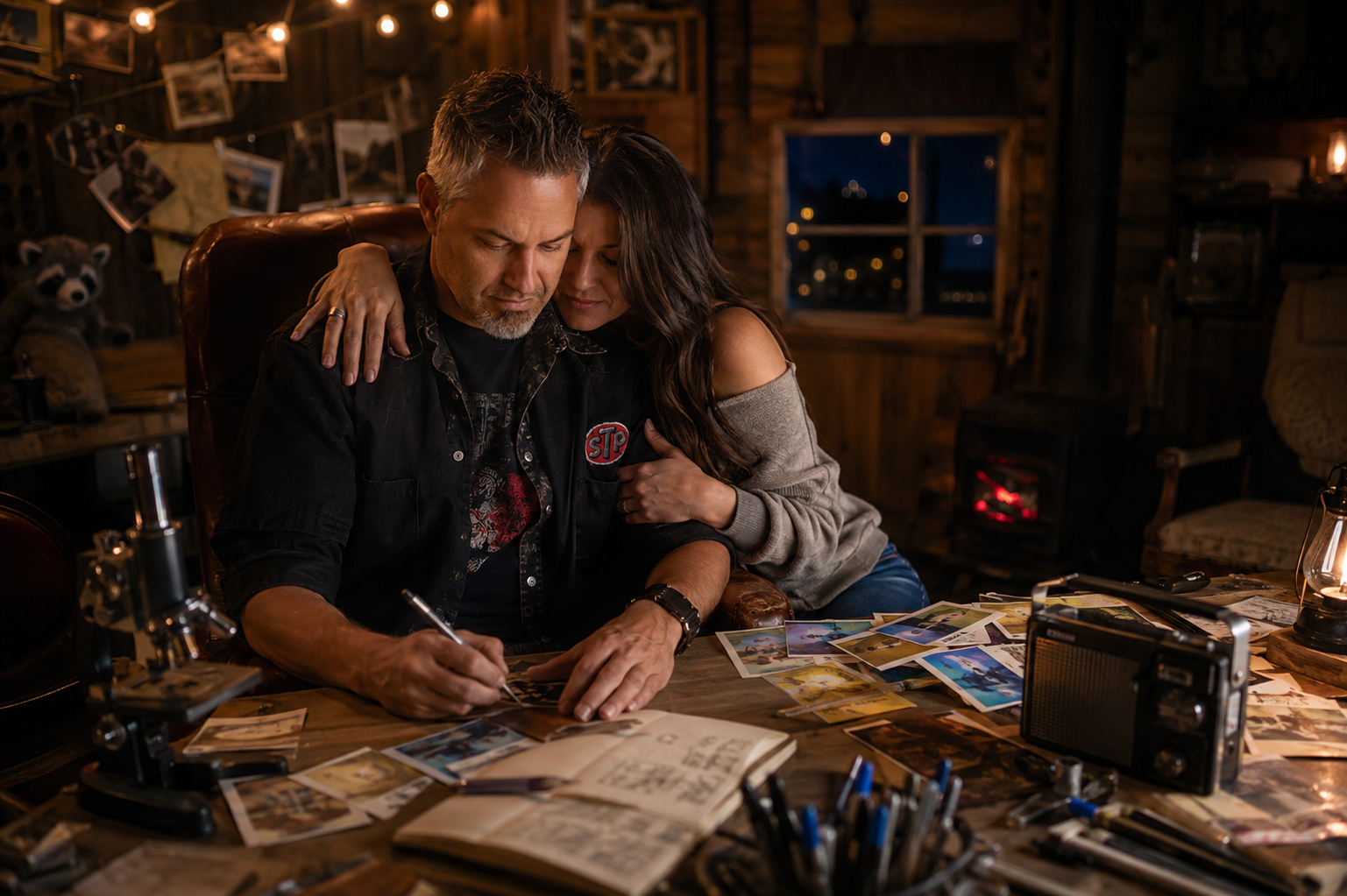 A man and a woman sitting together at a wooden desk, looking at photographs. The man is signing an autograph, and they are embracing. The room has warm lighting, a window showing nighttime, and various items like a vintage radio, photographs, and decorative objects.