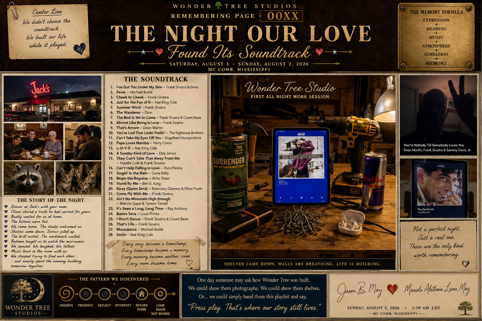 A scrapbook-style webpage remembering a music event called 'The Night Our Love' at Wonder Tree Studios, held August 1-2, 2026, in McComb, Mississippi. It features a playlist of 28 songs, photos of a restaurant called Jack's, a family, and kittens, along with handwritten notes, a story about the night, a song timestamp concept, books, a power drill, a Red Bull can, a tablet with an album cover, and a photo of Dean Martin making a peace sign. There is also a legend about discovering a pattern, and a quote about preserving stories through music.