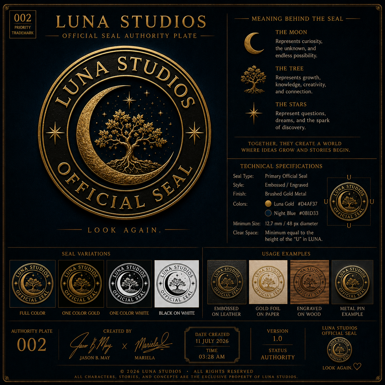 A decorative gold and black official seal from Luna Studios featuring a tree with roots and leaves, a crescent moon, and stars, with additional information about the seal's meaning, specifications, variants, and usage examples on a dark background.