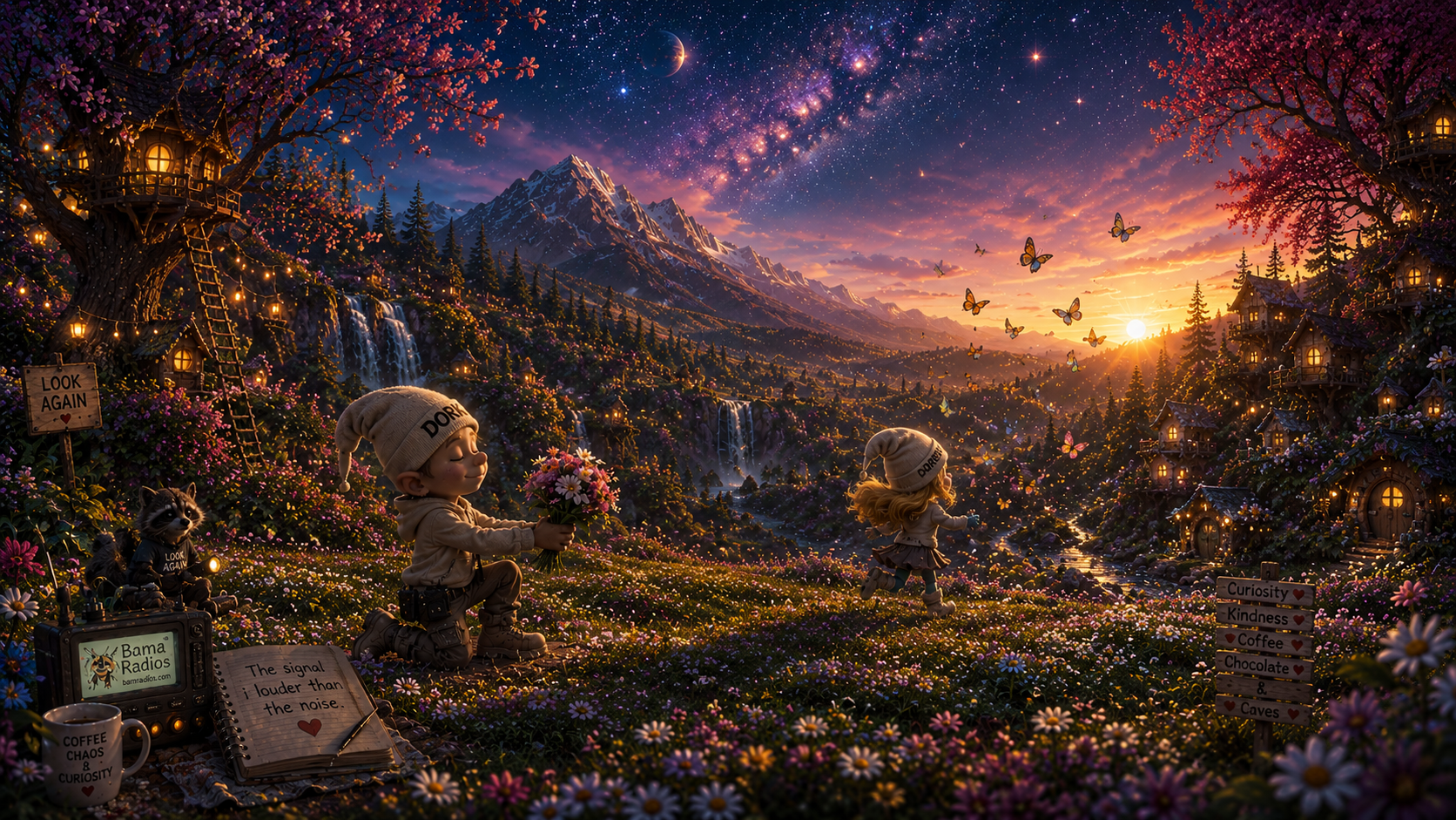A whimsical fantasy scene at sunset with children and a dog in a vibrant meadow full of flowers, surrounded by trees with glowing fairy lights, small houses on trees, waterfalls, and snow-capped mountains in the background. The sky is filled with stars, the Milky Way, a crescent moon, and flying butterflies. One child holds a bouquet of flowers, and a sign reads 'Look Again,' with a radio, notebook, and mug nearby. Another sign lists items like curiosity, kindness, coffee, chocolate, and caves.