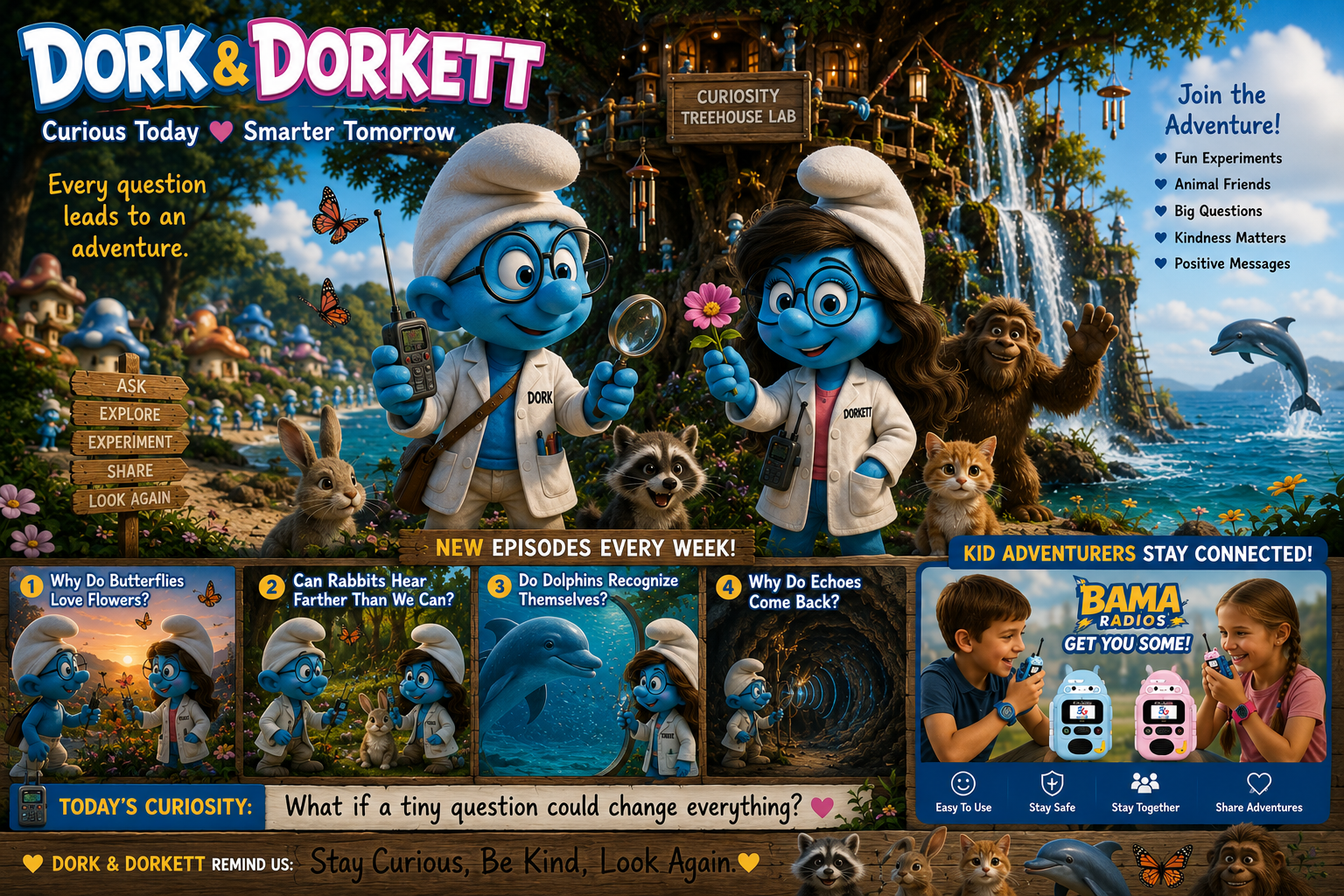 Colorful promotional poster for Dork & Dorkett, featuring animated blue characters in explorer outfits at a treehouse lab, with waterfalls, animals, and dolphins, promoting science and curiosity for kids.