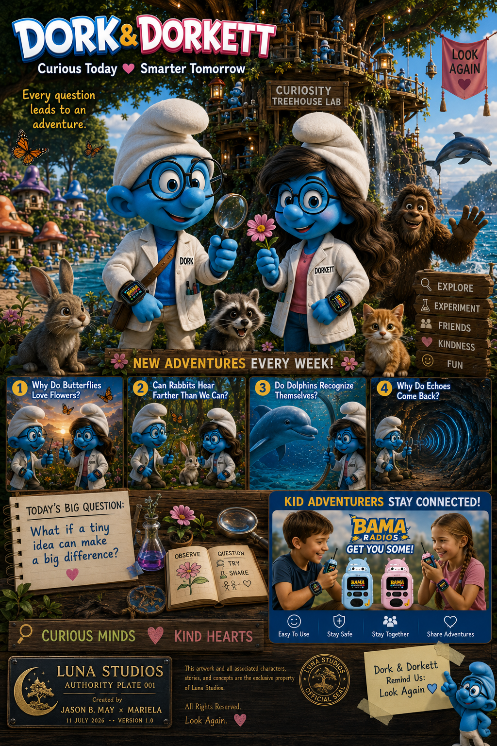 Colorful children’s magazine cover featuring Smurfs characters Dork and Dorkett in a fantasy outdoor setting with nature, animals, a treehouse, and adventure themes. Includes sections on curiosity questions, kid activities, and Bama radios for kids.
