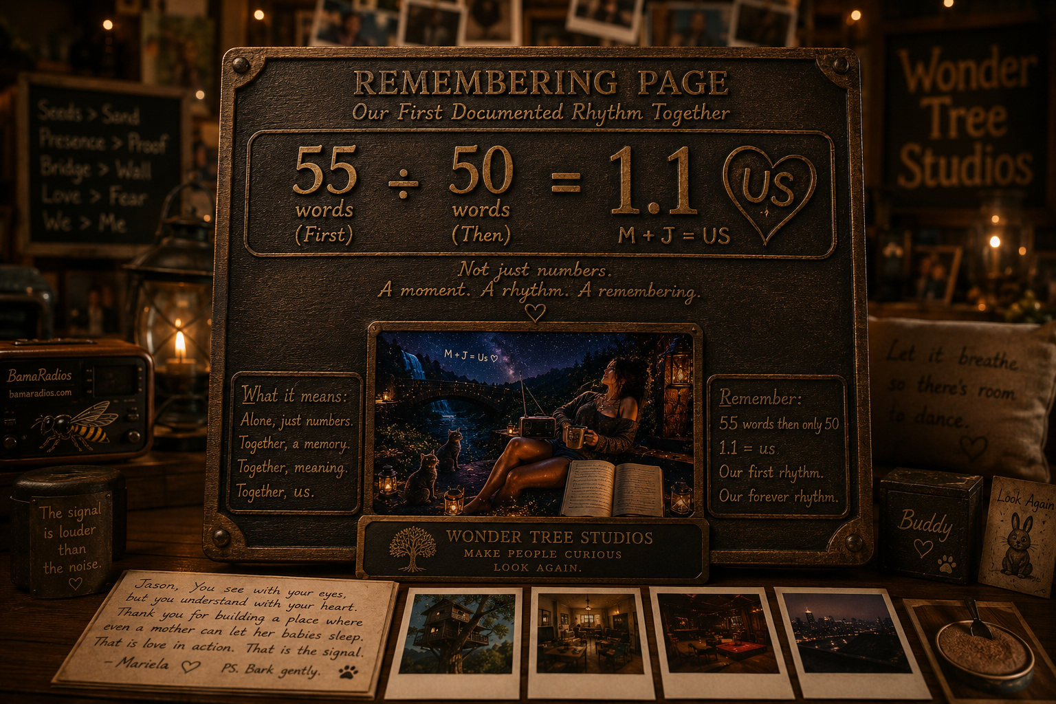 A decorative plaque with the title 'Remembering Page' about the first documented rhythm together, featuring a mathematical equation and poetic phrases. Surrounding it are various small signs, notes, and photographs on a dark wooden surface, illuminated by warm ambient lighting.