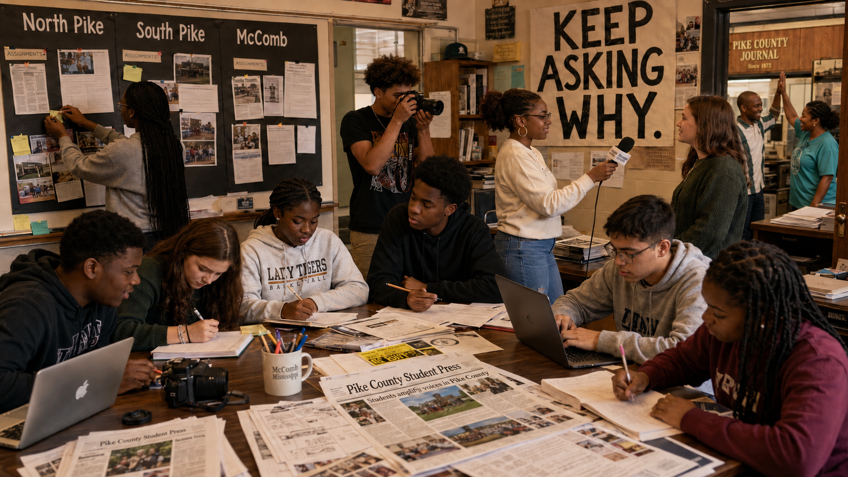 Students working on a newspaper project in a classroom, with one student interviewing another for a news segment, while others take notes and use laptops.