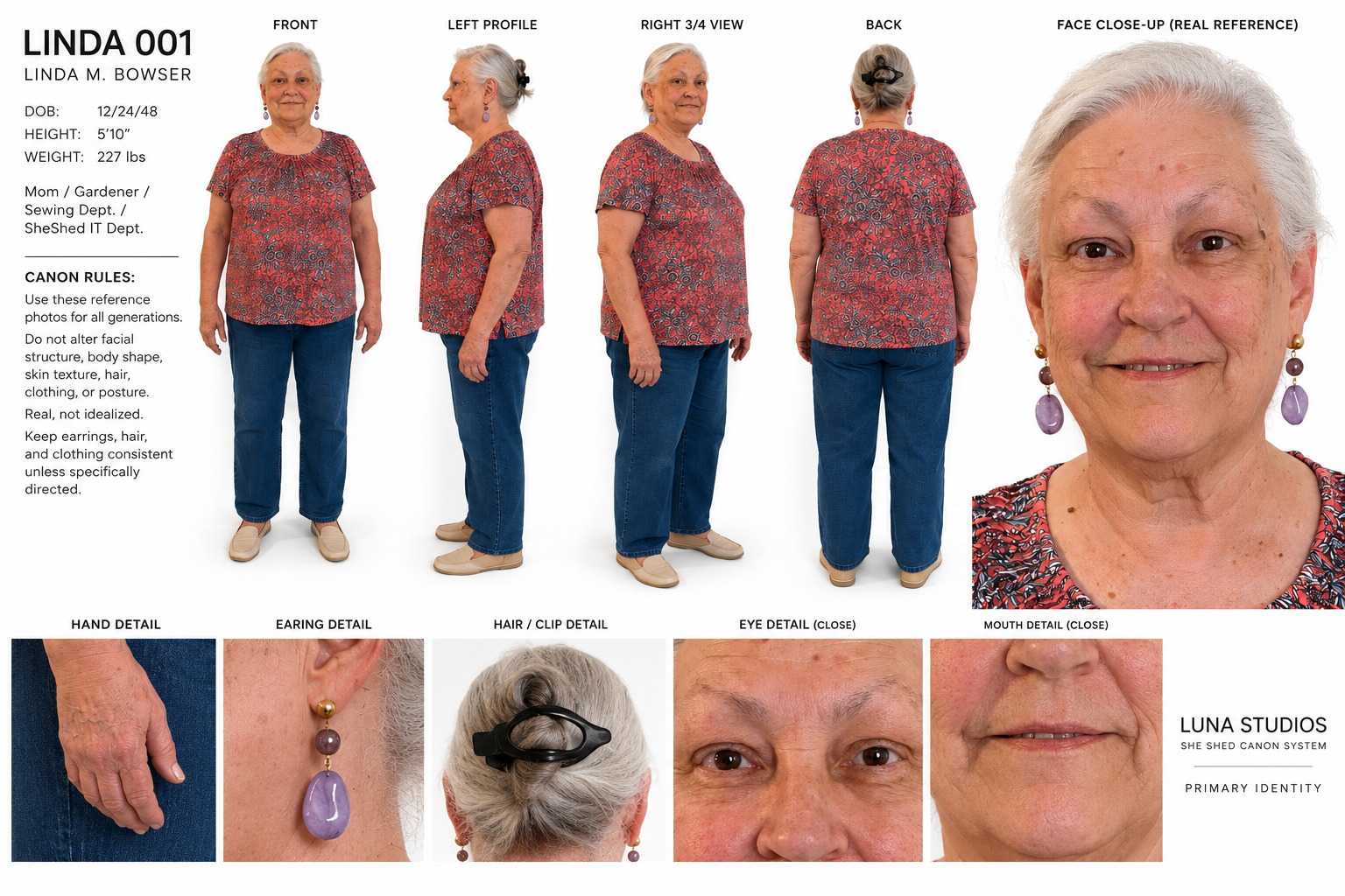 A composite photo of a senior woman named Linda M. Bowser, with images from front, left profile, right 3/4 view, back, and close-up face. She has short white hair, earrings with purple stones, and is dressed in a red patterned top and blue jeans. There are detailed close-ups of her hand, earrings, hair clip, eyes, and mouth, along with her personal information and canon rules for photo use.