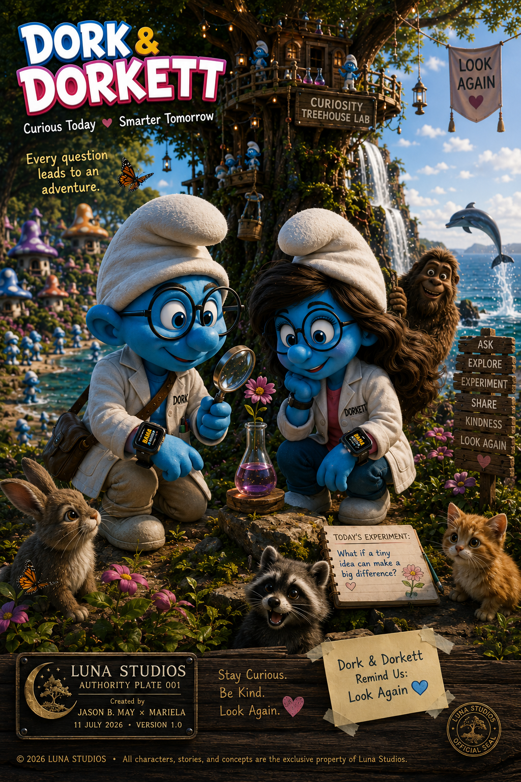 Animated scene with two blue Smurfs, Dork and Dorkett, dressed as scientists, examining a purple liquid in a laboratory setup surrounded by animals, flowers, and a large treehouse. There are playful signs with encouraging words and a notebook with a science question.