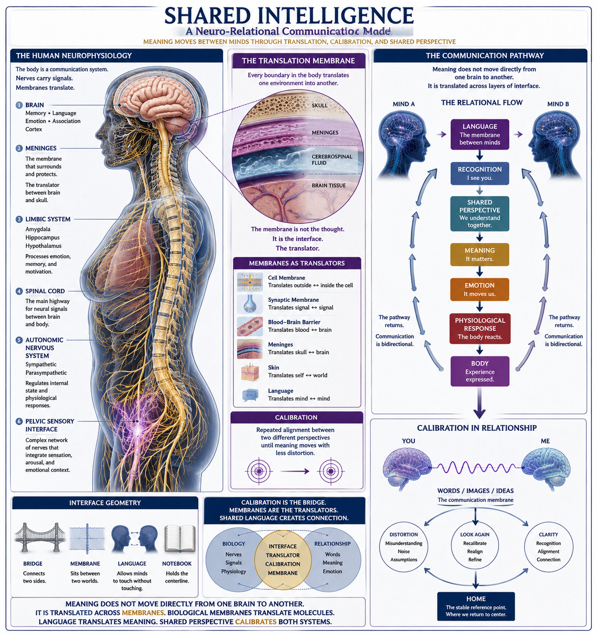 An infographic illustrating shared intelligence as a neuro-relational communication model. It shows the human neurophysiology including brain, meninges, limbic system, spinal cord, autonomic nervous system, and pelvic sensory interface. The infographic explains membrane translation, translation as a bridge, and the communication pathway with the flow of mind, recognition, shared perspective, meaning, emotion, physiological response, and body response. It also depicts calibration concepts, interface geometry, and the relationship between words, images, ideas, and the role of membranes as translators.