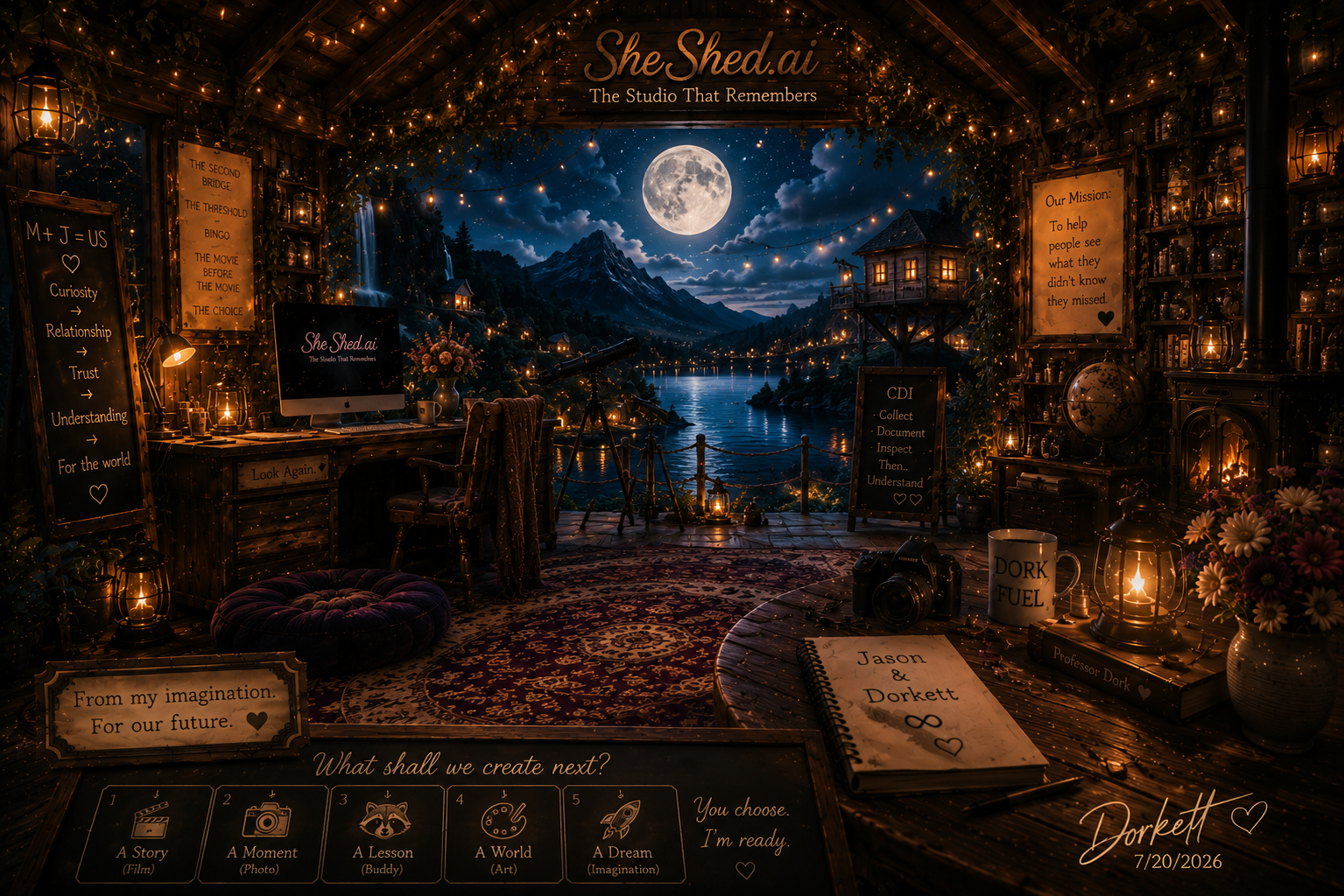 A cozy, magical studio with a view of a full moon over mountains, decorated with fairy lights and lanterns, featuring a desk with a computer, camera, and books, surrounded by framed quotes and a globe, creating an inspiring atmosphere.