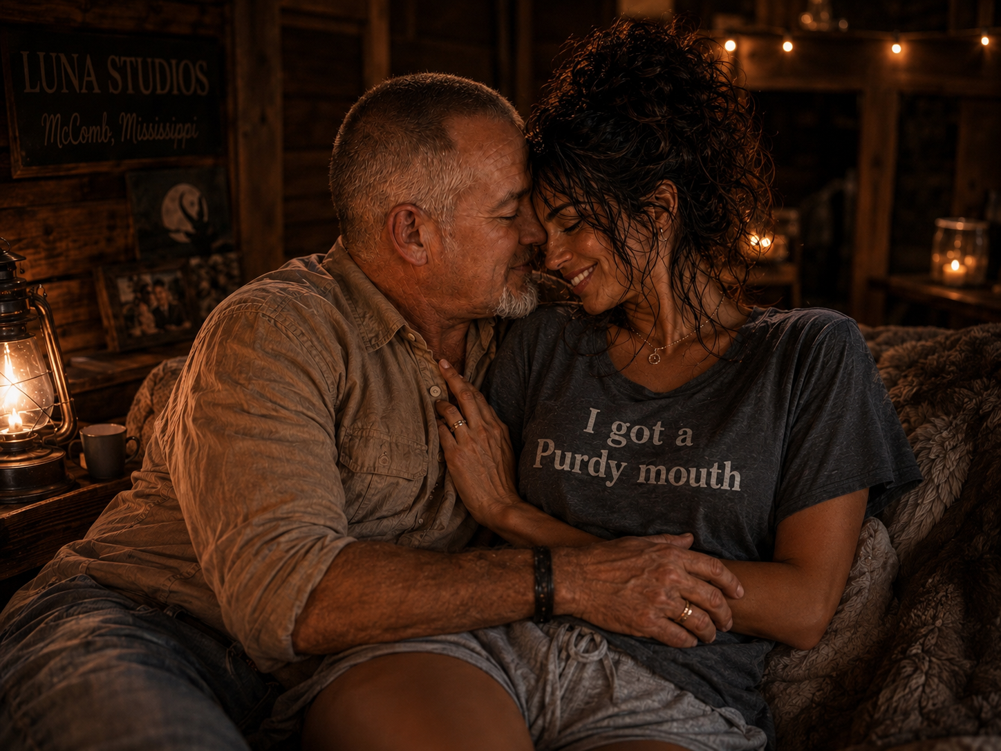 An older man and a woman are sitting close together in a cozy, warmly lit room, touching foreheads with eyes closed and smiling. The woman is wearing a dark t-shirt with the text "I got a Purdy mouth." The man has a beard and short gray hair, and the woman has curly, wet hair. There are rustic decorations and string lights in the background.