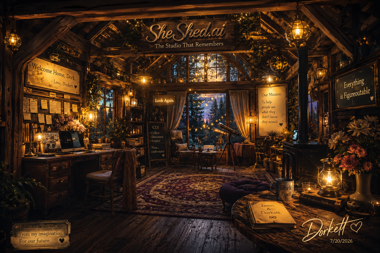 Cozy, warmly lit attic studio with wooden beams, various nature-themed and motivational signs, a telescope, a laptop, books, and potted plants, overlooking a sunset through large window with curtains, decorated with string lights and lanterns.